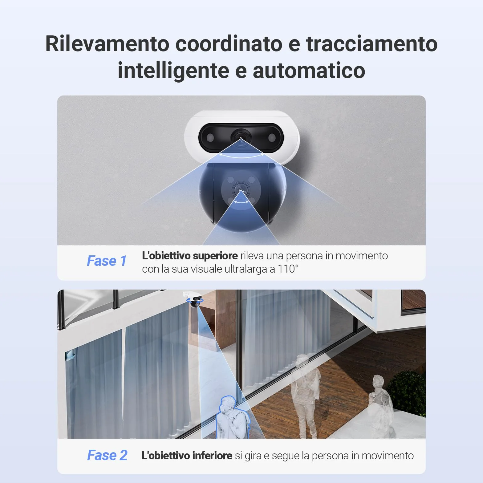 EZVIZ 8MP (4MP+4MP) Telecamera WiFi Esterno con Doppia Lente, Telecamera per Esterni a 360°, Visione Notturna a Colori, Rilevamento Persone/Veicoli, Audio Bidirezionale, Impermeabile, C90 Dual