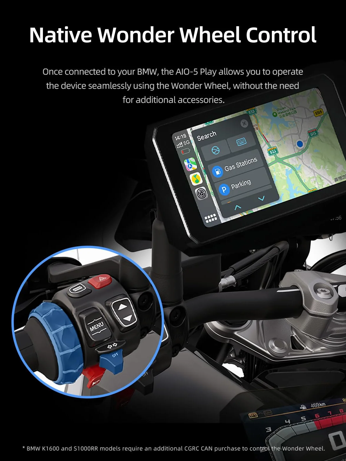 CHIGEE for AIO-5 Play for BMW Motorcycles, 3-Pin Interface, Plug-and-Play Smart Display with Apple CarPlay & Android Auto, 60FPS, IP68 Waterproof, Built-in GPS, Anti-Theft Alarm, Data Reading