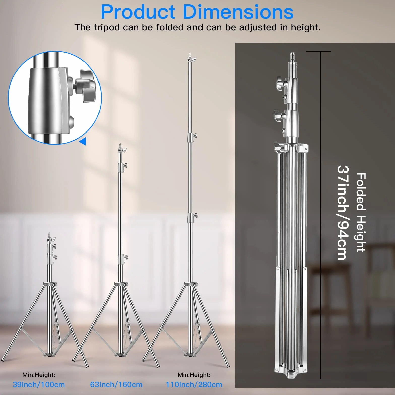 Supporto per Luce 2,8 m Treppiedi in Acciaio Inox con Molla Ammortizzata e Adattatore Universale da 1/4" a 3/8" per Fotografia Studio Softbox Riflettore, 2 Pezzi Supporto per Illuminazione