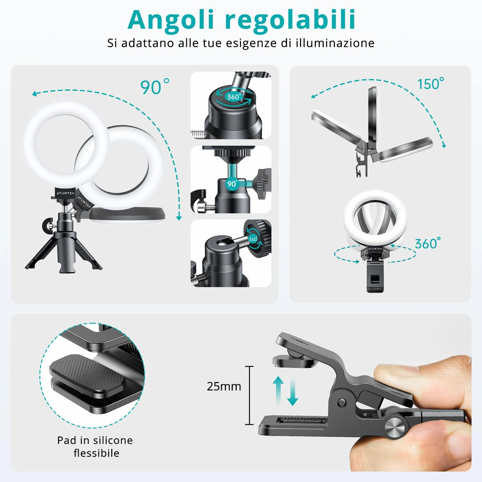 ATUMTEK Luce ad Anello con Clip e Treppiede, Luce Video per Monitor Laptop, Luce Webcam con 3 Colori Dimmerabili e 10 Livelli di Luminosità per Lavoro Remoto/Chiamate Zoom/Live Streaming