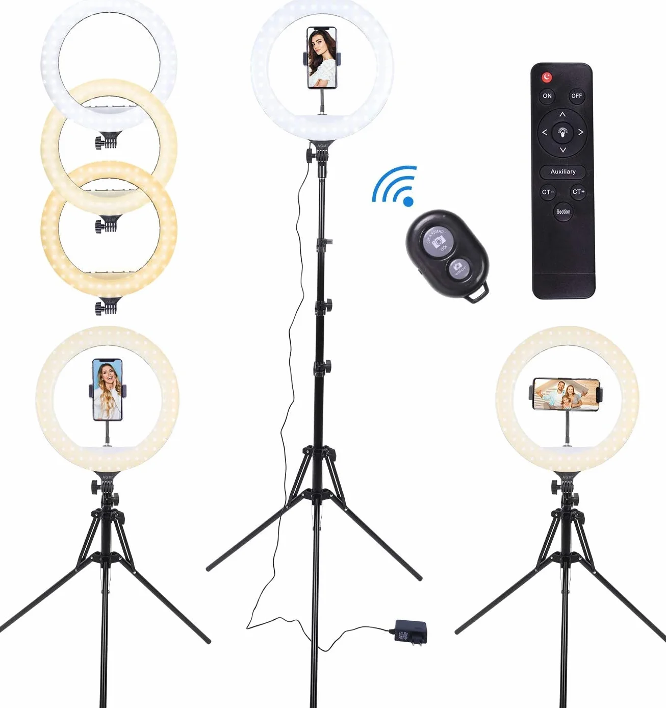 AGM 14" Ring Light Professionale con Stativo Treppiede, 3 Modalità, Colore e Luminosità Regolabili, Bluetooth Wireless, LED Luce ad Anello per YouTube, TikTok, Selfie, Video