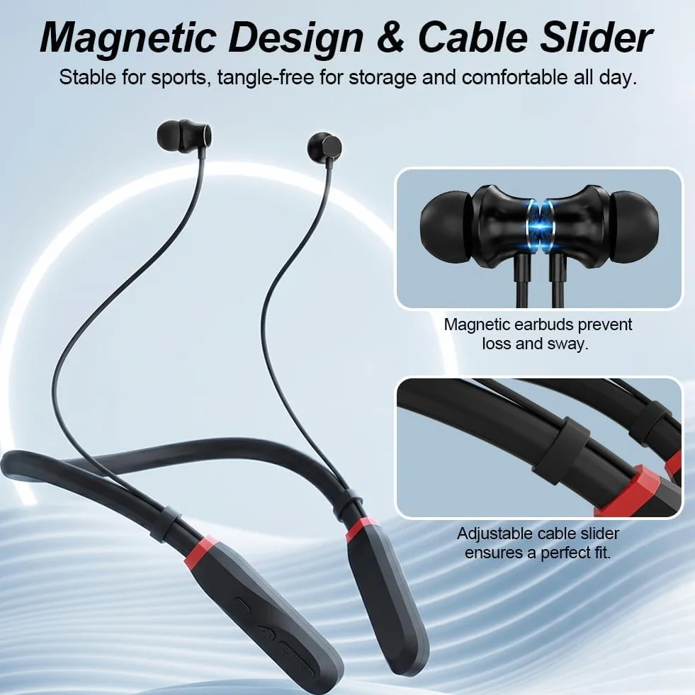Cuffie Bluetooth con Archetto da Collo 200H di Riproduzione, Auricolari In-Ear Bluetooth 5.3, Cuffie Sportive a Collare, IPX4 Cuffie Wireless Magnetiche per Sport Corsa Palestra Cantiere, Nero