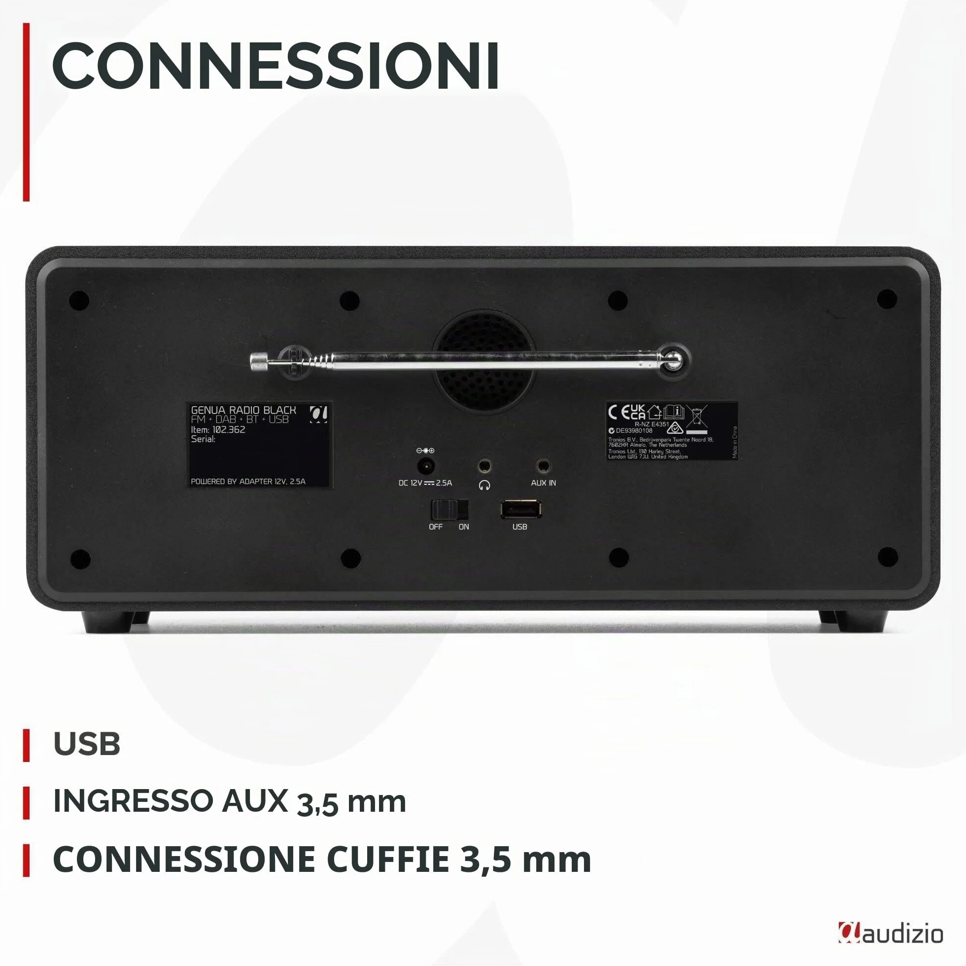 Audizio Genua Radio Digitale DAB+ Bluetooth 50W Altoparlanti Stereo FM USB Doppio Allarme Telecomando Display Colori