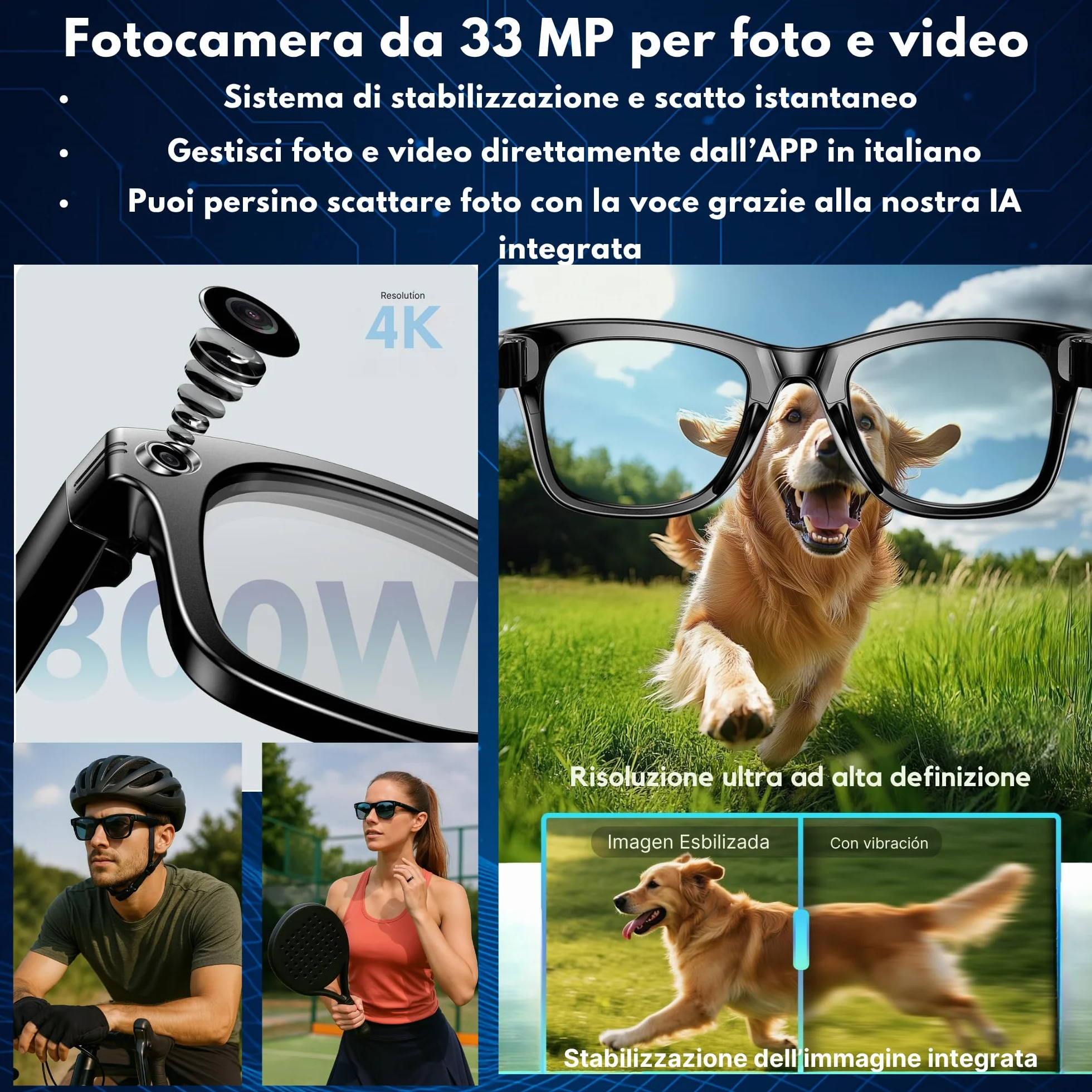 smartia – Occhiali Intelligenti con Fotocamera, Modello 2026, App in Italiano, Occhiali Bluetooth Suono Hi-Fi, IA GPT 5 integrata da Voice, Glasses Fotocromatici, Fotocamera da 33 MP 4K