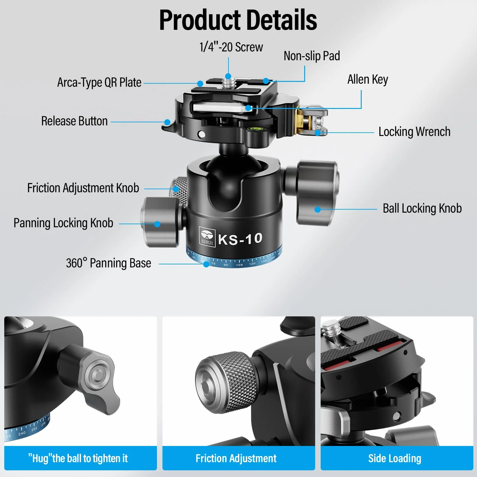 SIRUI KS-10 Testa a Sfera per Treppiede, Testa a Sfera a Basso Profilo da 29mm, Testa Panoramica a 360° in Alluminio per Fotocamera DSLR, Videocamera, Treppiede, Monopiede, Carico Massimo 15kg