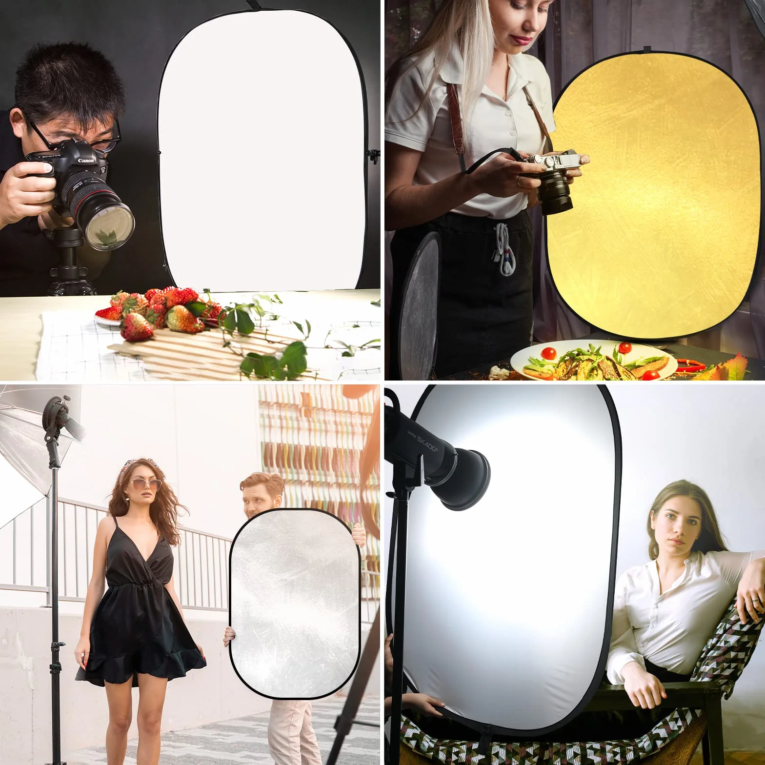 Soonpho Riflettore pieghevole 5 in 1 per fotografia, diffusore ovale, 60 x 79 pollici, 150 x 200 cm, oro, argento, nero, trasparente, bianco con clip e custodia per illuminazione esterna