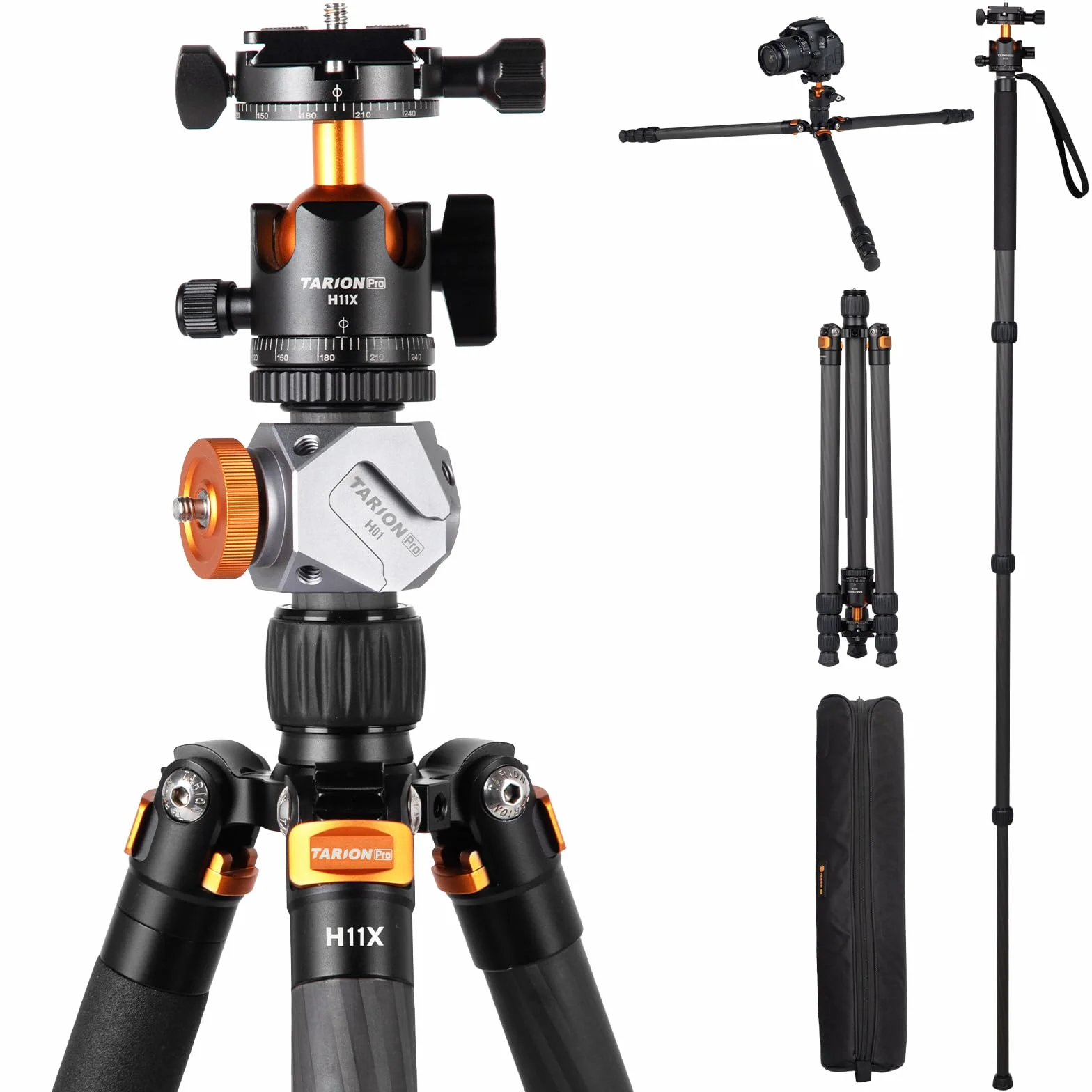 TARION Treppiede per Fotocamera in Fibra di Carbonio - 67" Treppiede DSLR Professionale con Doppia Testa a Sfera Panoramica Cold Shoe Supporto di Estensione Treppiede da Viaggio
