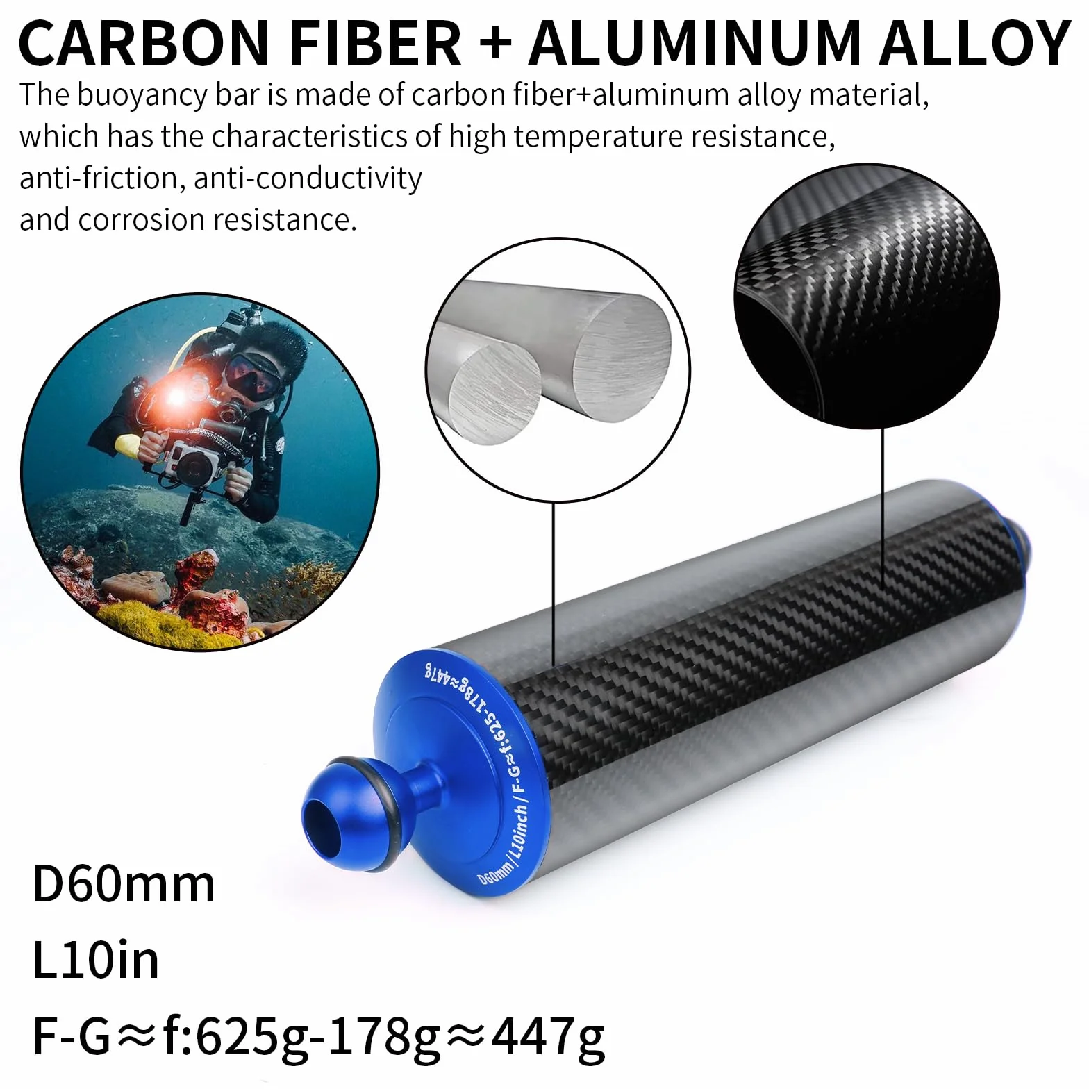 10" braccio galleggiante subacqueo in fibra di carbonio, sistema di illuminazione con bracci galleggianti a doppia galleggiabilità da 1" per vassoio da immersione, luce video/strobo (2pack)