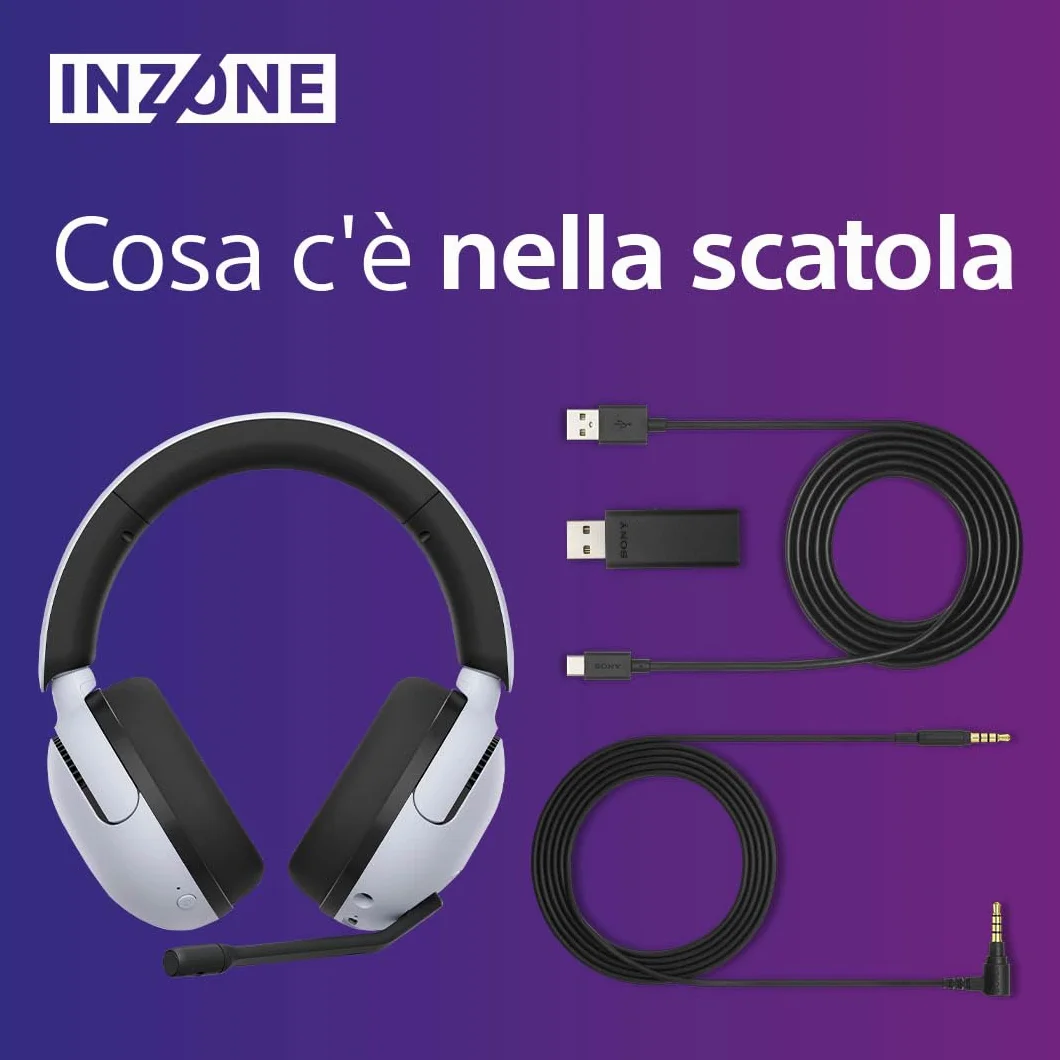 Sony INZONE H5 - Cuffie gaming wireless, Suono spaziale 360°, Batteria 28h, Microfono AI, Compatibili PC PS5, Bianco