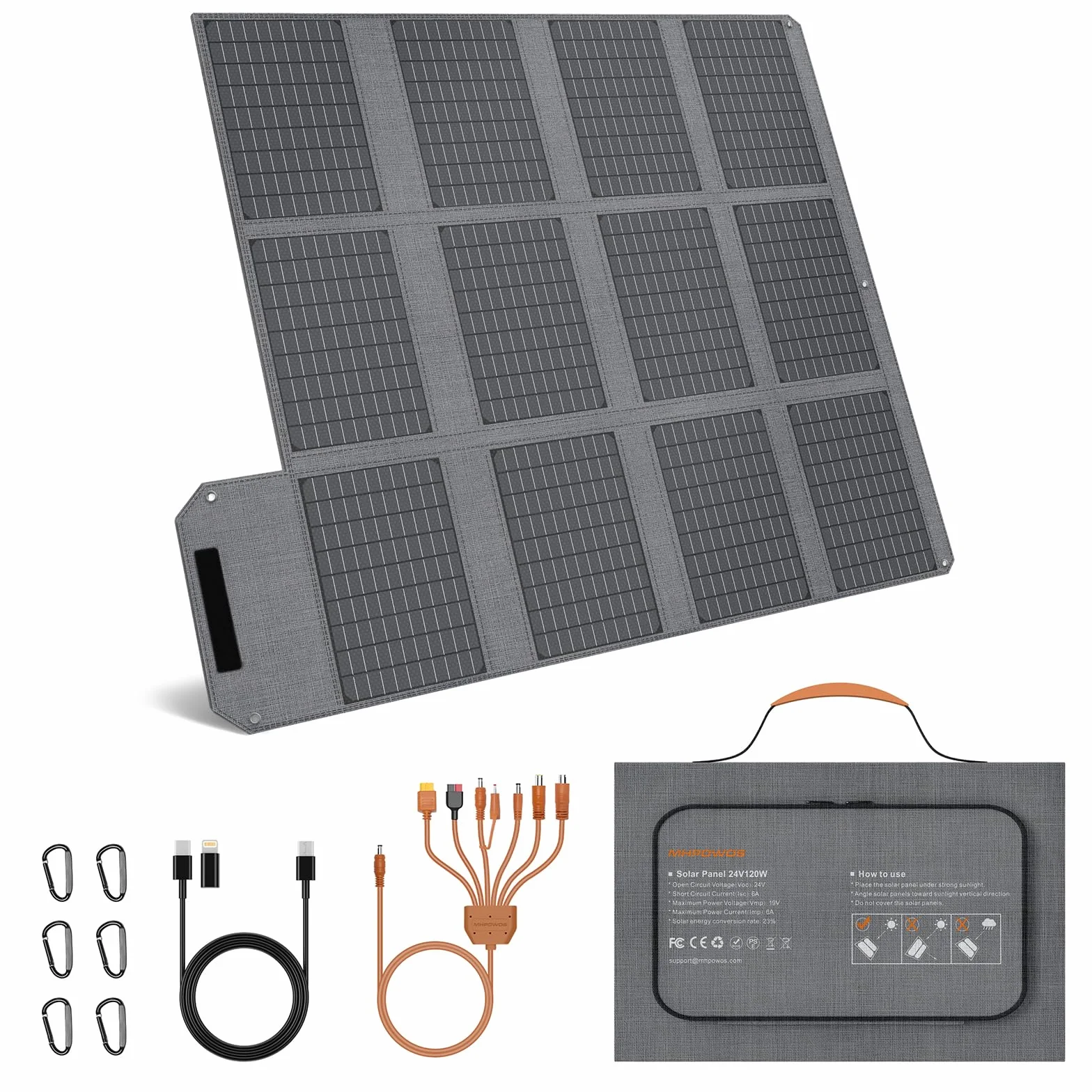 Pannello solare portatile da 120 W, caricatore solare pieghevole da 19 V, con uscite USB C, USB A e DC, IP65 impermeabile e antipolvere, per stazione di alimentazione portatile, iPhone, iPad