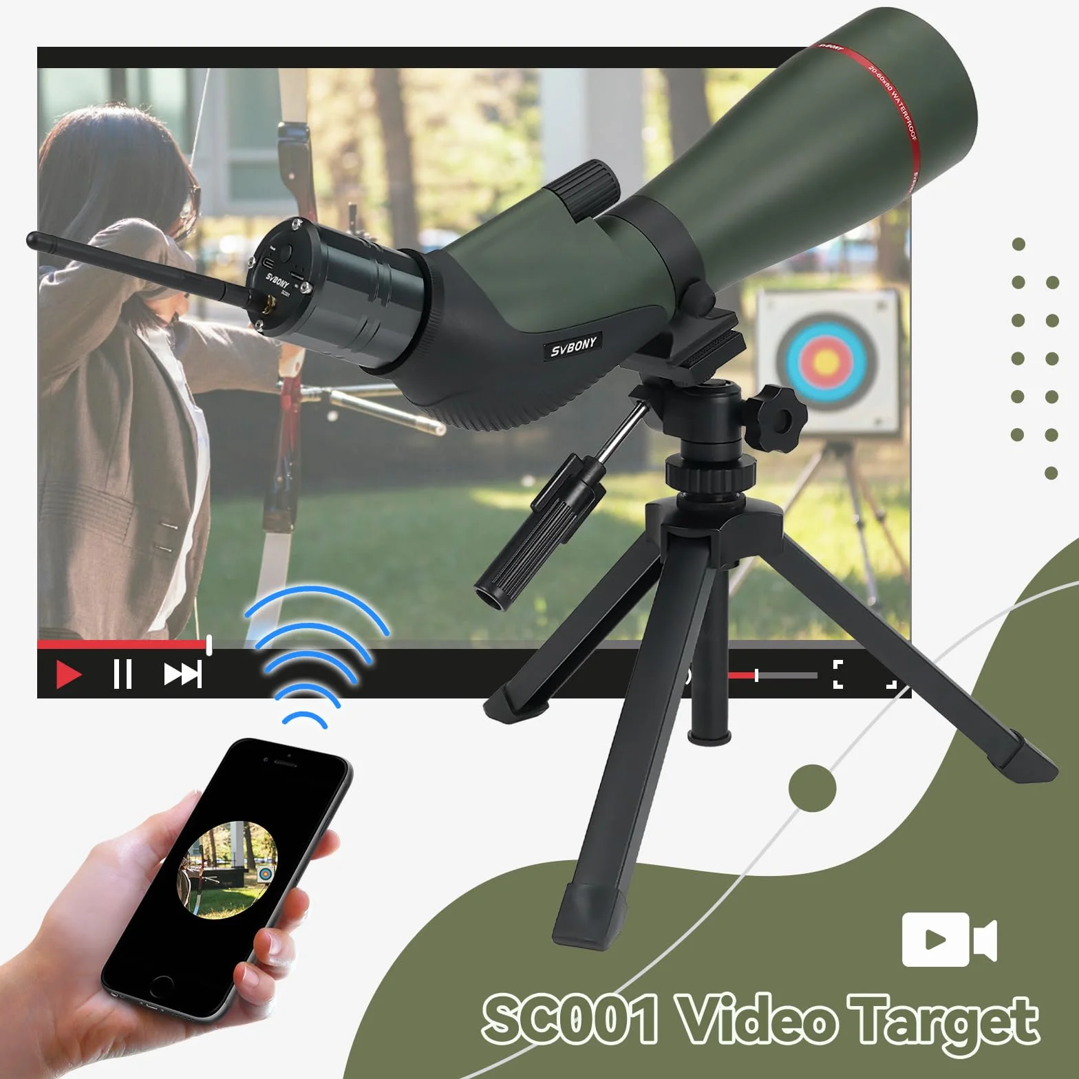 Svbony SA412 20-60x80 Spotting Scopes con WIFI Camera, HD Spotting Scope con Treppiede da Tavolo, Cannocchiale a Lungo Raggio, Cannocchiale Antiappannamento Impermeabile FMC per Tiro al Bersaglio