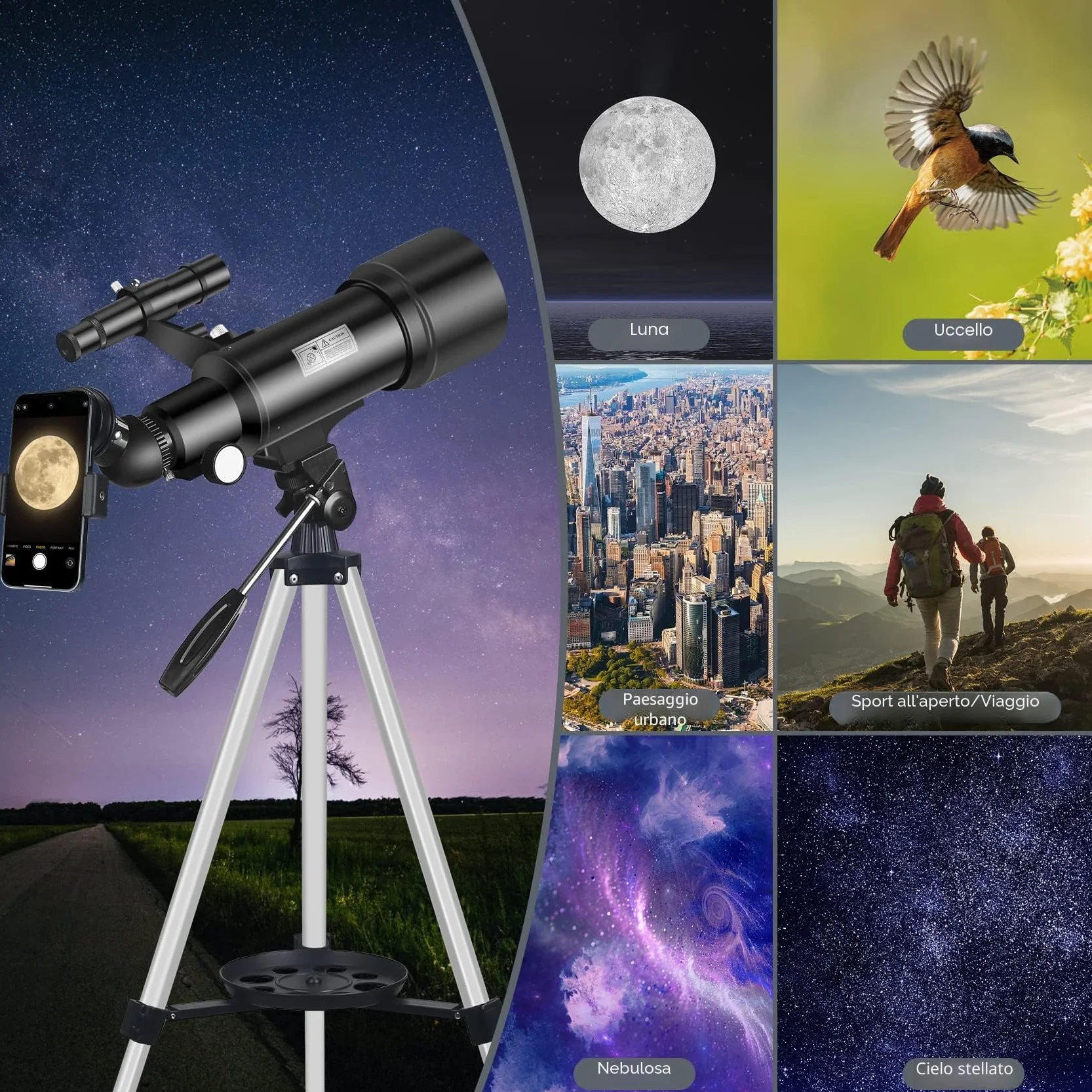 Telescopio, Astronomia Telescopio Professionale 70/400mm per Principianti con Cannocchiale 5 x 24 e Treppiede, Refrattori Telescopi per Bambini Adulti, per Luna Pianeta Guarda(Nero)