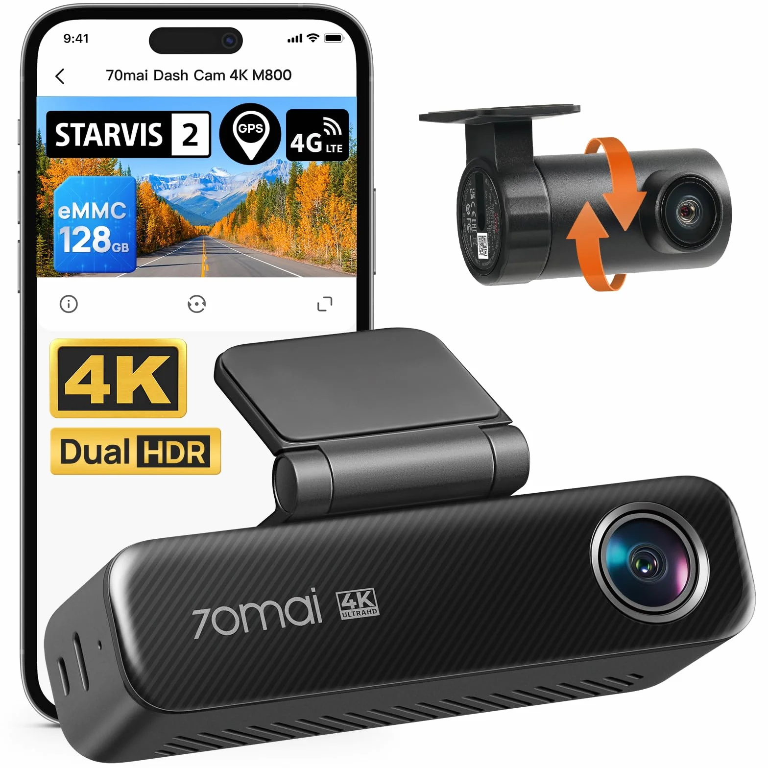 70mai Dash Cam Auto 4K M800 Anteriore e Posteriore, STARVIS 2 IMX678 Super Visione Notturna e Apertura F1.7, Doppio HDR, Supporto 4G LTE e Wi-Fi 5GHz, eMMC da 128 GB Integrata, GPS, Controllo Vocale