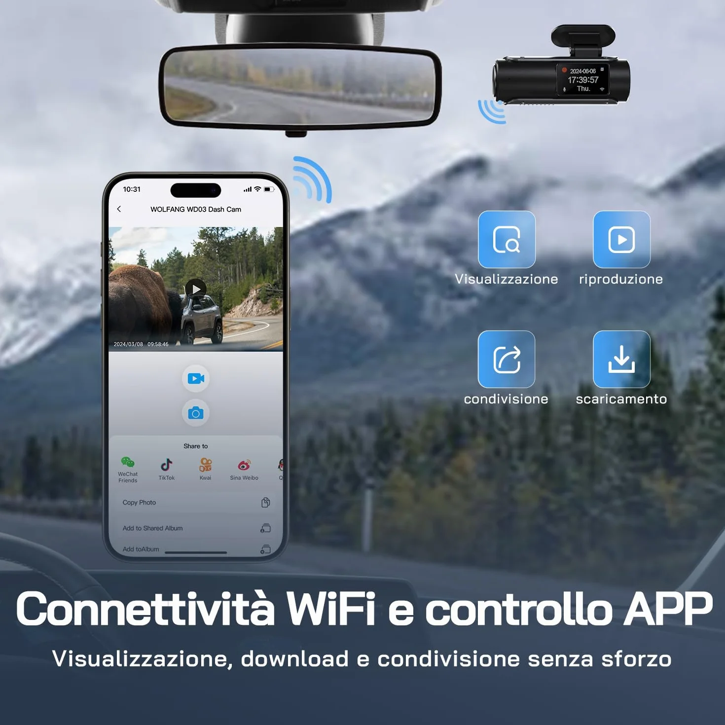 WOLFANG Dash Cam Auto 4K, Doppia WiFi Dashcam per Auto con Scheda SD 32G, Telecamera Auto 170° Grandangolo, Visione Notturna,G-Sensor, WDR, Monitor di Parcheggio, Registrazione in Loop