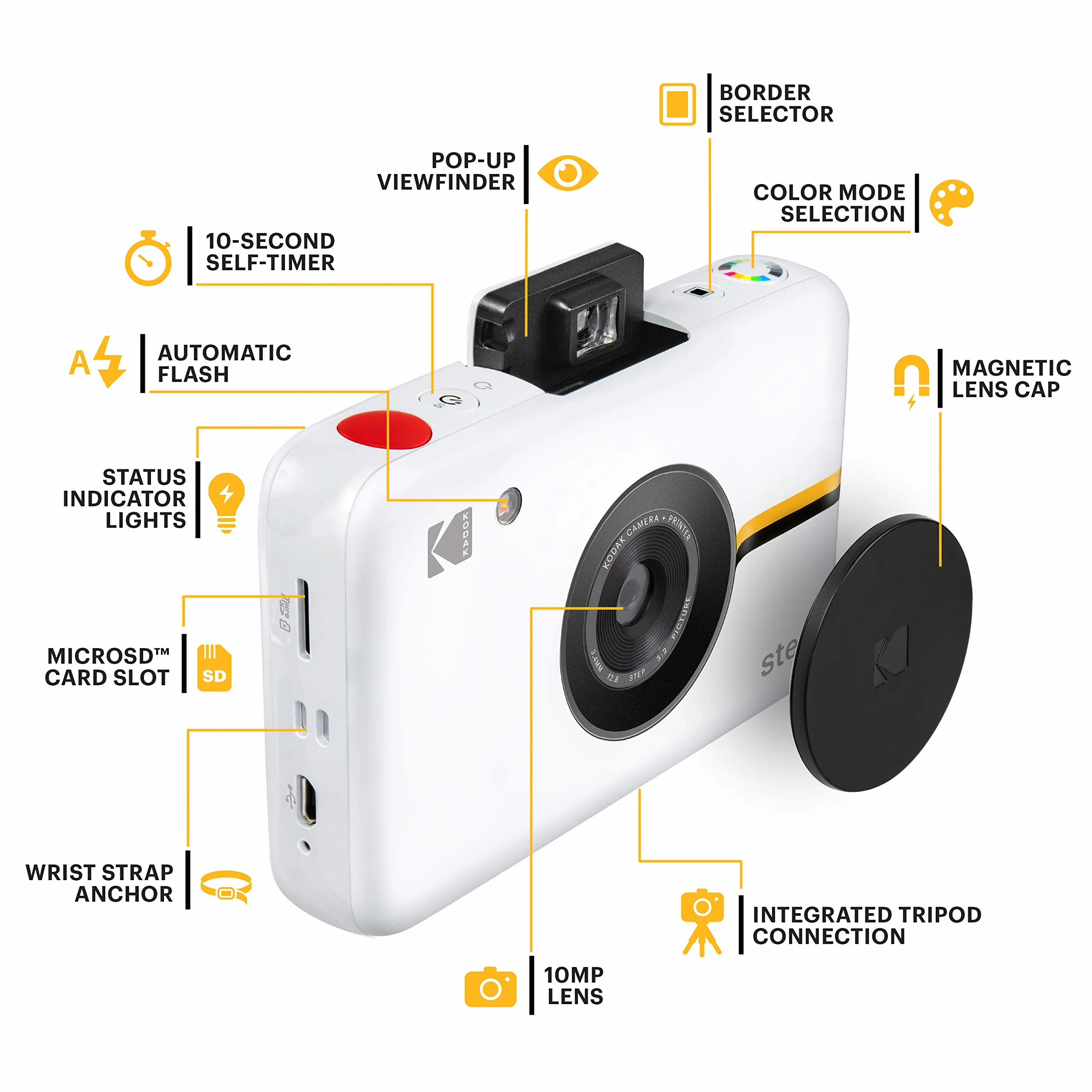 KODAK RODIC20AMZW Step Fotocamera | Camera digitale istantanea, sensore d’immagine 10 MP, tecnologia ZINK Zero Ink, mirino classico, flash integrato e 6 modalità immagine | Bianco