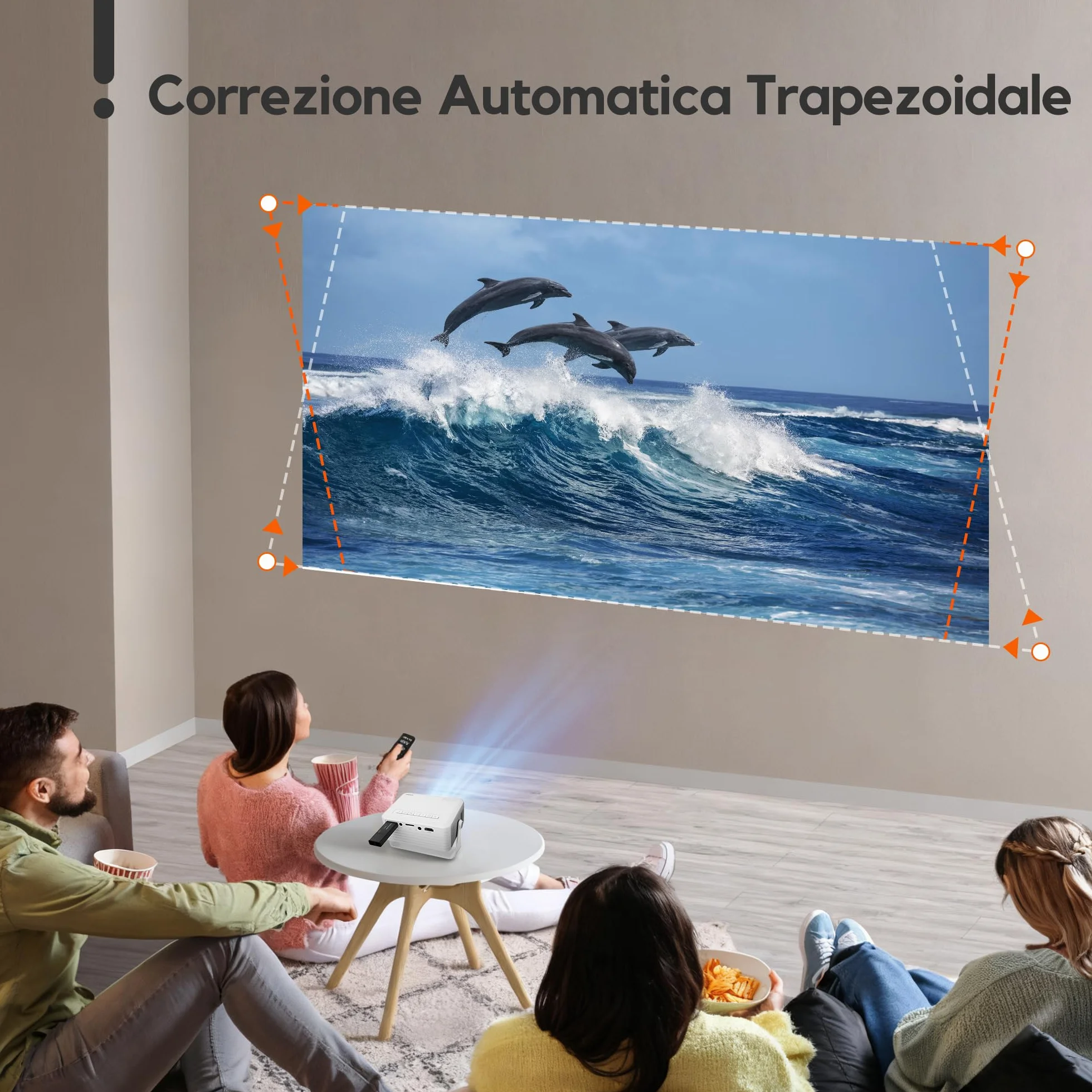 AKIYO O1 Proiettore Portatile 15000 Lumens, 4K Supporto Full HD 1080P, Auto Keystone, Rotabile 360°, per Phone/TV Stick/HDMI/USB/TF