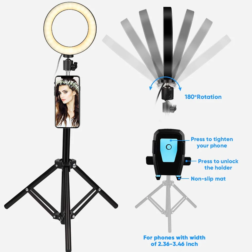 luce, 6"Standing Circle Light 3 10 Livello luminosità, Lampada Selfie per Trucco a LED (con treppiede e supporto telefono cellulare), con telecomando,Youtube, TikTok