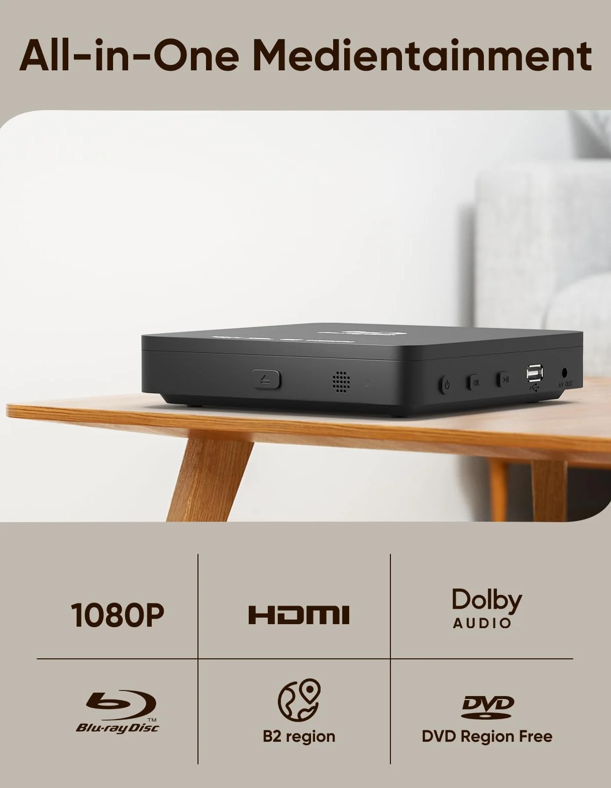 Lettore Blu Ray 1080P Lettore di Dischi Blu Ray per Home Cinema Riproduce Tutti i DVD e Blu Ray Regione B 2 Supporta Chiavetta USB 128GB con Uscita HDMI e AV Incluso Convertitore PAL NTSC e Cavo di