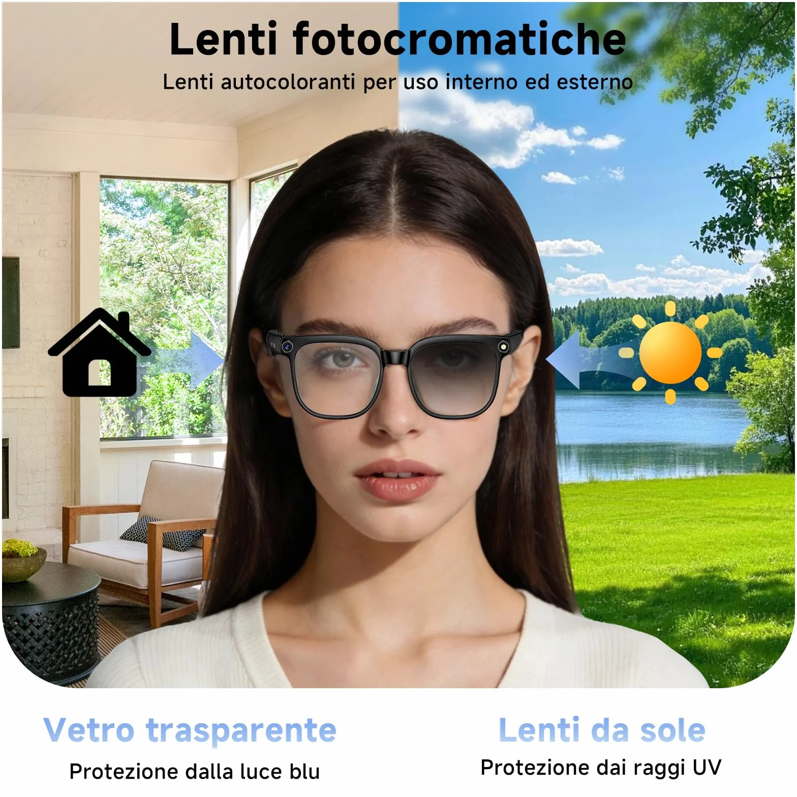 Occhiali intelligenti AI, Smart Glasses con 8K Fotocamera, 2 Paia di Lenti, registrazione video e audio HD 1080p, riproduzione musicale/Chiamate Bluetooth/Assistente AI/traduzione in tempo reale
