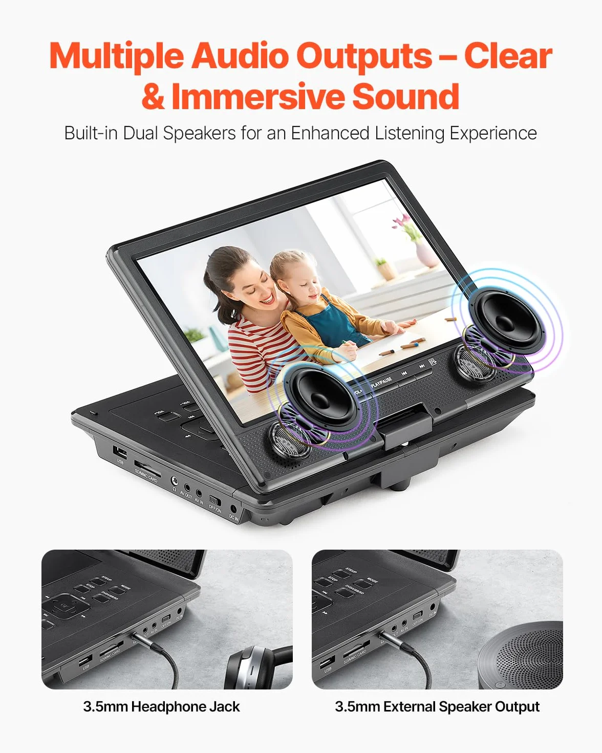 VEVOR Lettore DVD Portatile con Schermo Girevole 228 mm, Lettore DVD da Viaggio con Altoparlante Doppio, Supporto Sincronizzazione TV/USB/Scheda SD/CD/DVD, Caricabatteria da Auto