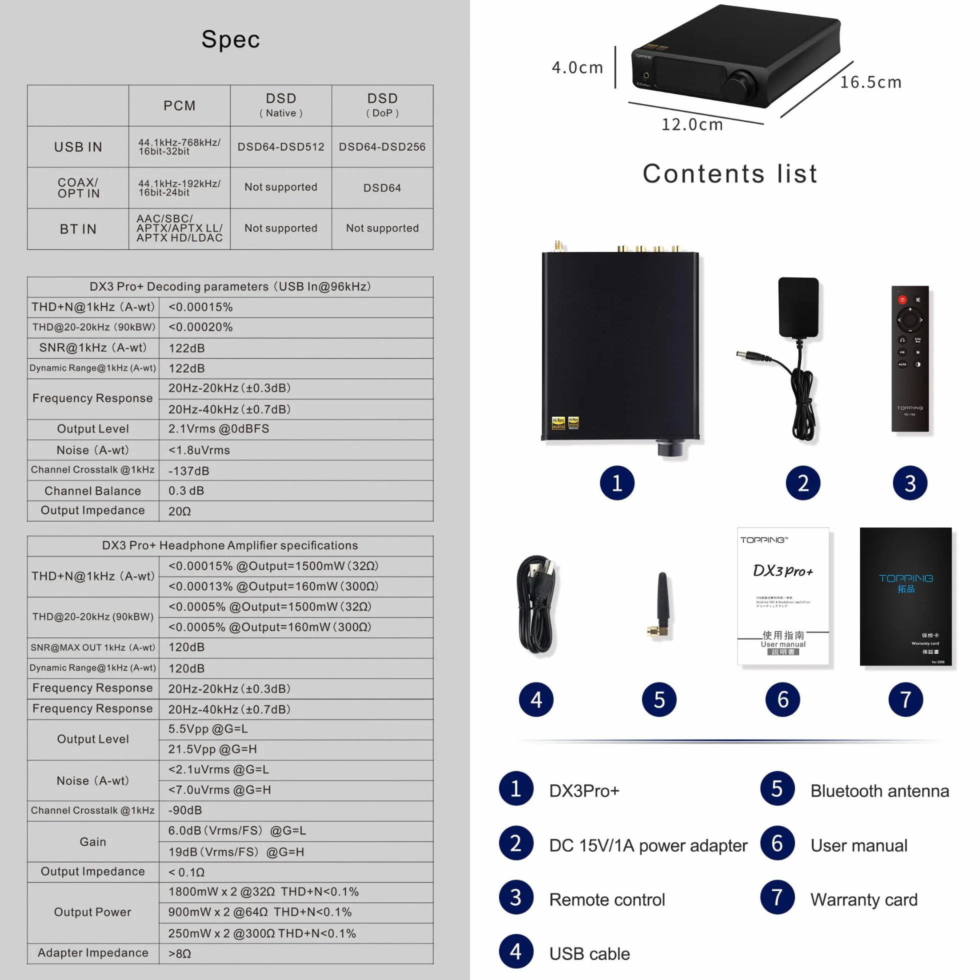 AOSHIDA Topping DX3 Pro+ Bluetooth USB DAC Amplificatore per Cuffie, ES9038Q2M XMOS XU208 DSD512 PCM768kHz D/A Convertitori, Bluetooth LDAC 3.5mm auricolare DAC 1800mW×2 Amplificators per cuffie,Nero