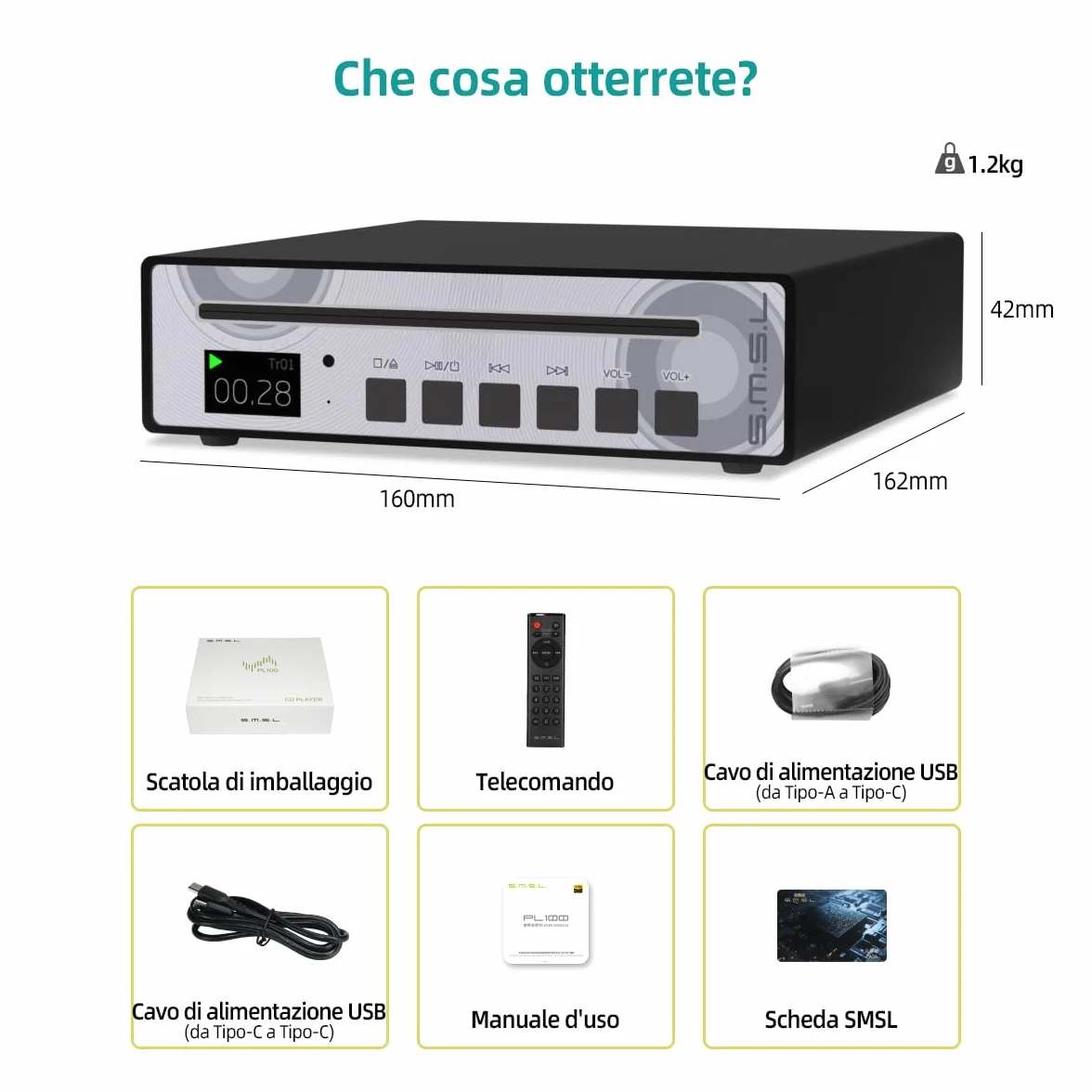 SMSL PL100 Lettore CD per casa, Chip CS43131, Supporto C D-R/C D-RW/MP3, Uscite RCA/3.5mm Cuffie Jack/Ottico/Coassiali Digitali (Nero)