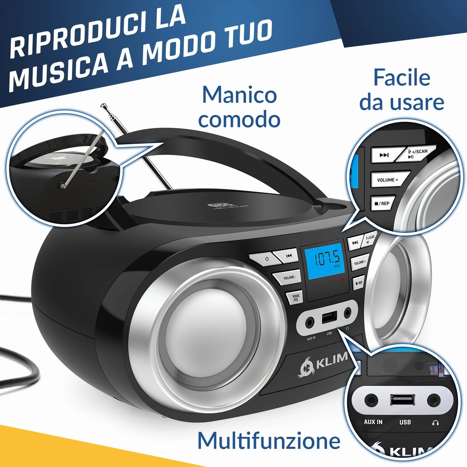 KLIM B3 Lettore CD Portatile Boombox Con Radio FM, Bluetooth, USB e AUX - Doppi Altoparlanti di Alta Qualità, Effetti Sonori EQ, 20 Stazioni Preimpostate, Compatto e Leggero