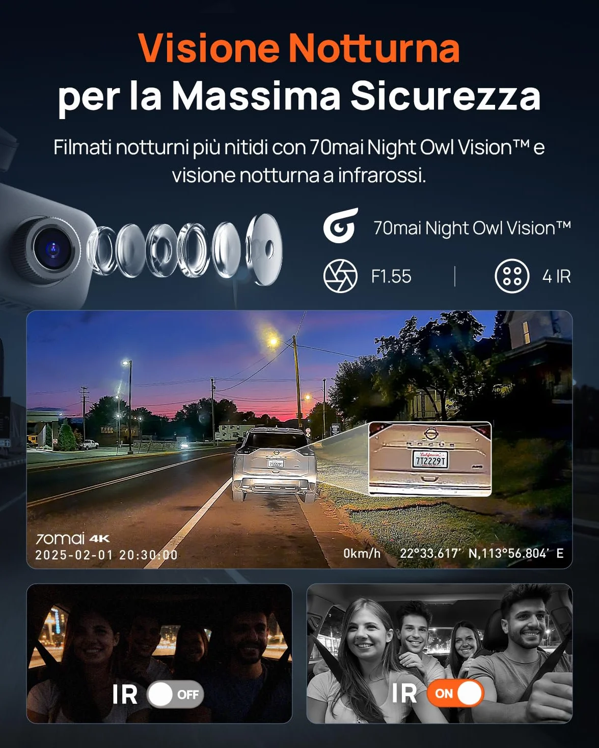 70mai T800E Dash Cam 4K 3 Canali Tripla Telecamera Anteriore e Posteriore 4K+1080P+1080P HDR Visione Notturna IR GPS Supercondensatore 64 GB SD