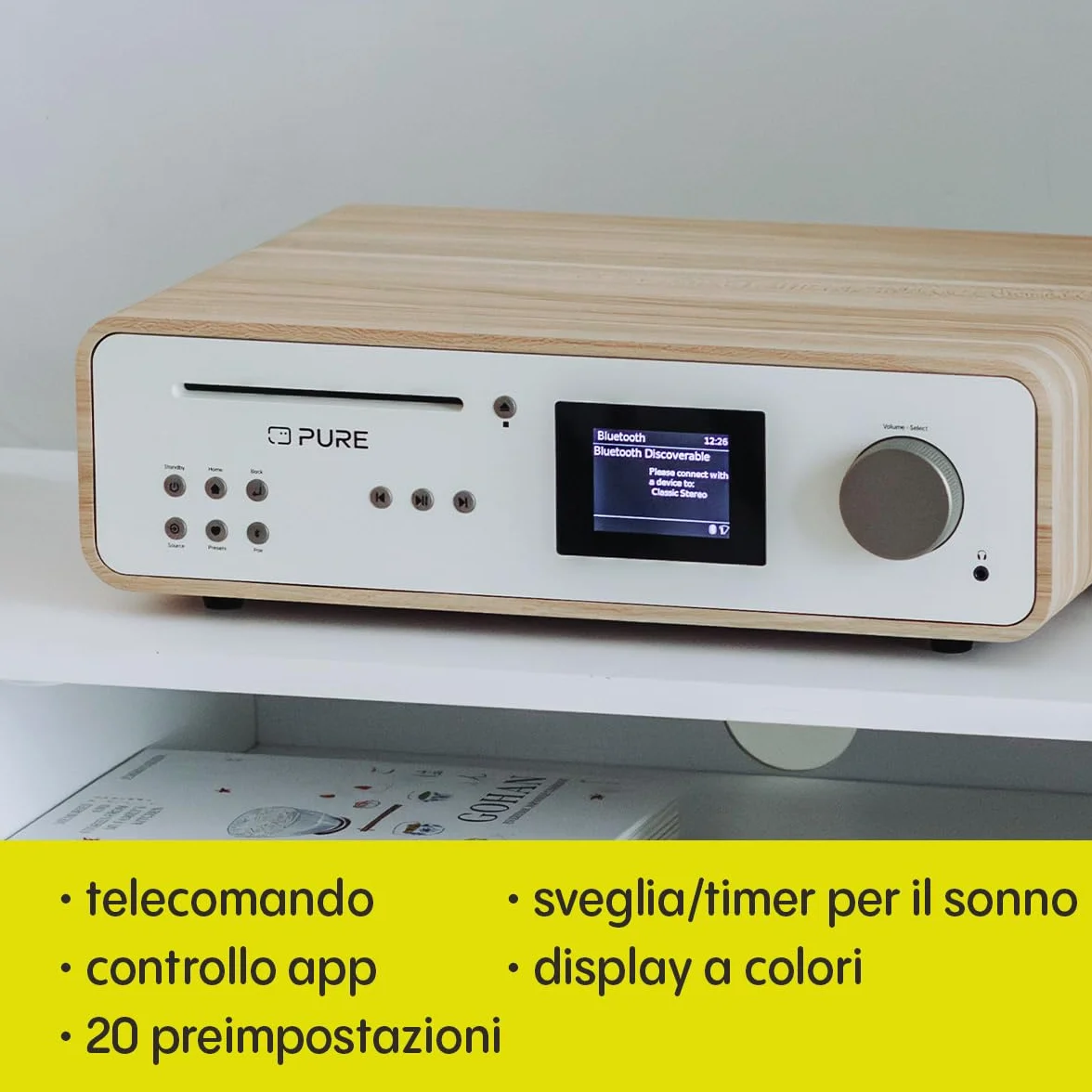 Pure Classic Stereo HiFi Music System 100 W Radio Internet DAB+/FM Bluetooth CD USB Spotify Cotton White/Oak