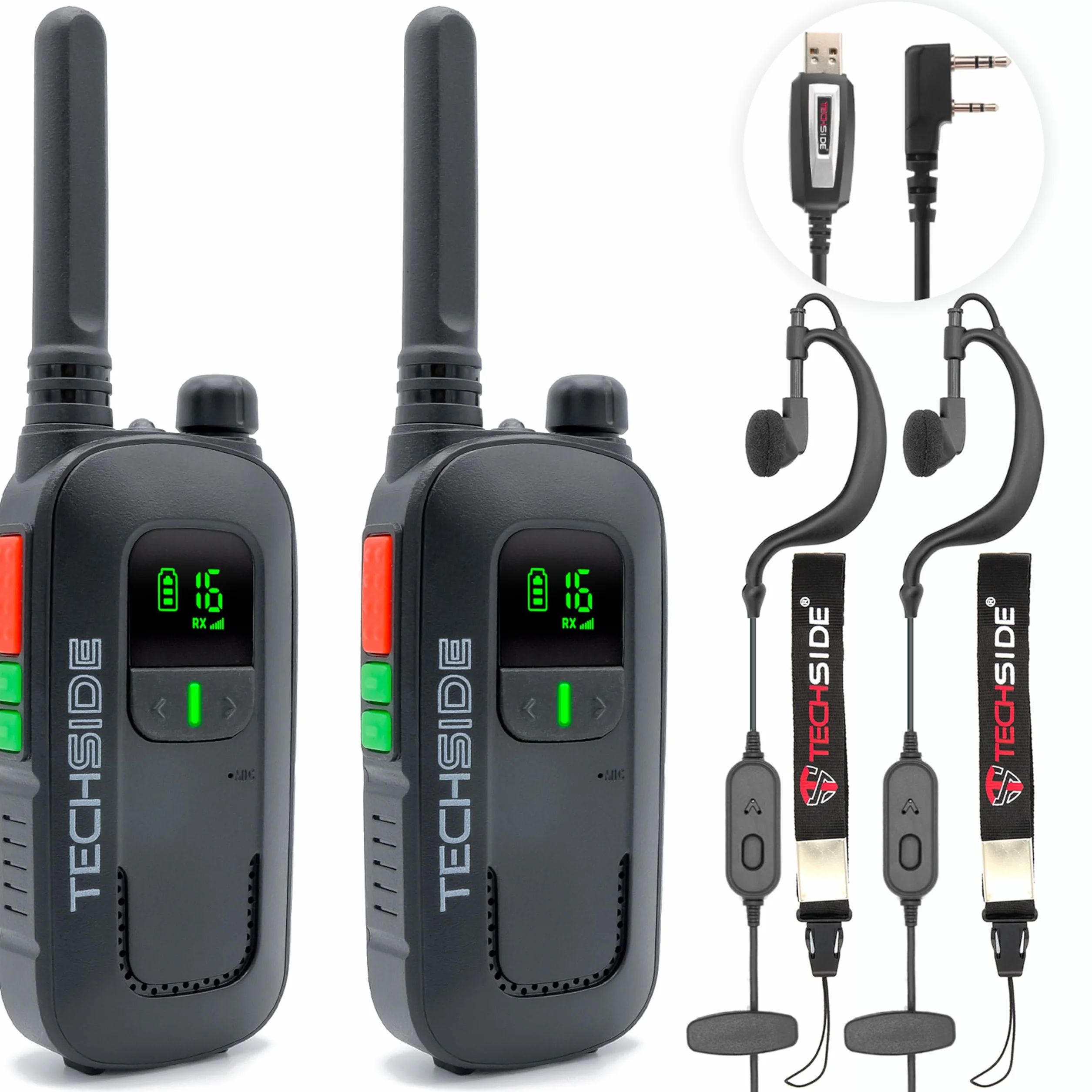 Techside TS-T2 Ricetrasmittente Professionale Walkie Talkie 16 Canali PMR446 (Libero uso) | Vox a 5 livelli | Scansione Automatica Canali | Set di 2 ricetrasmettitori full optional