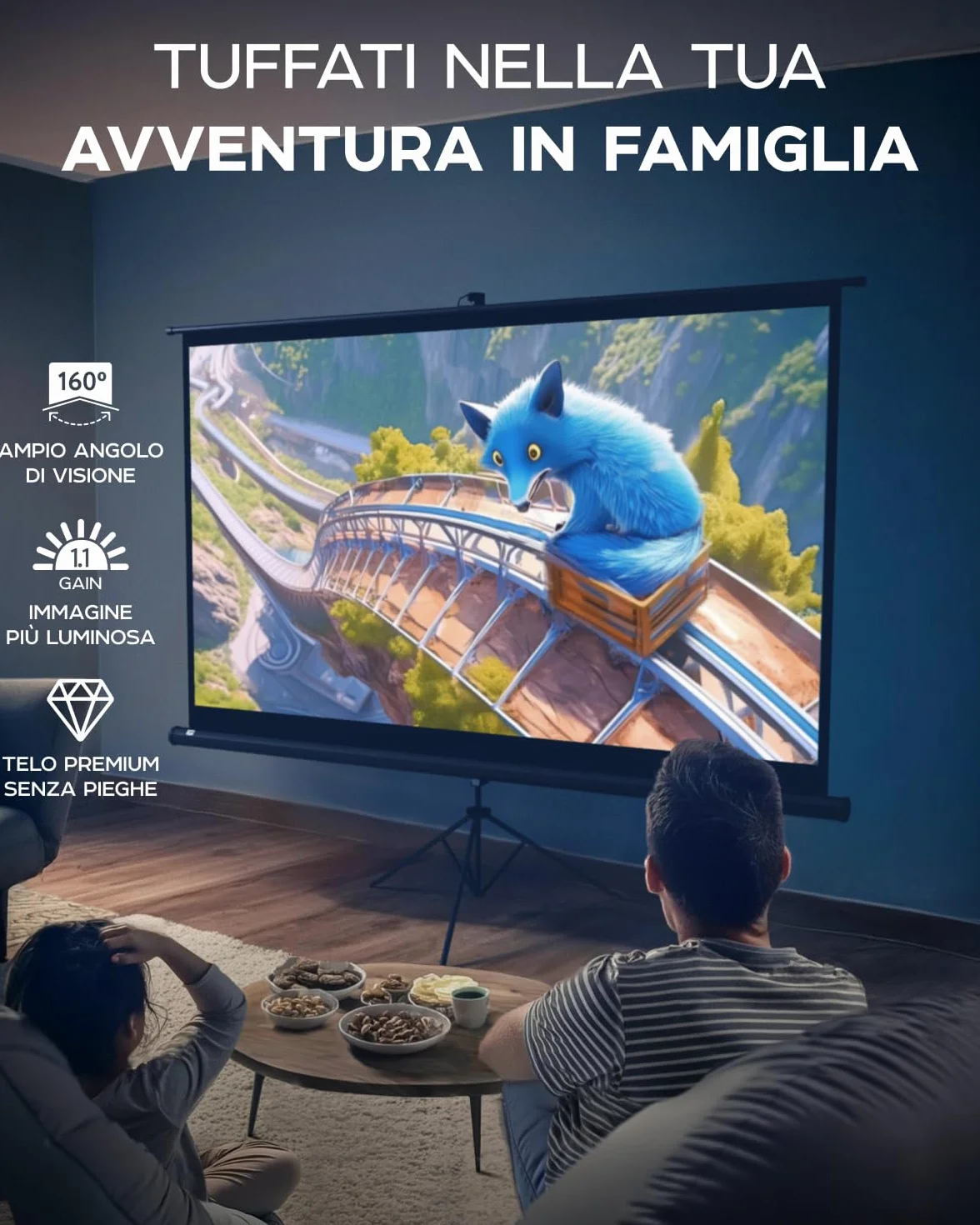 Telo Proiettore 100 Pollici - Porta il Cinema a Casa Tua con Questo Schermo per Proiettore da 16:9 Privo di Pieghe - Telo per Proiettore Portatile per Interni ed Esterni - Con Borsa e Treppiede
