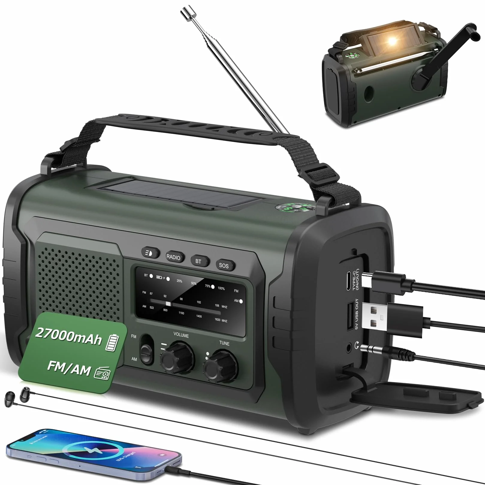 Radio a Manovella 27000mAh FM AM Bluetooth 5.3 Solarecon Allarme SOS Bussola Torcia Elettrica