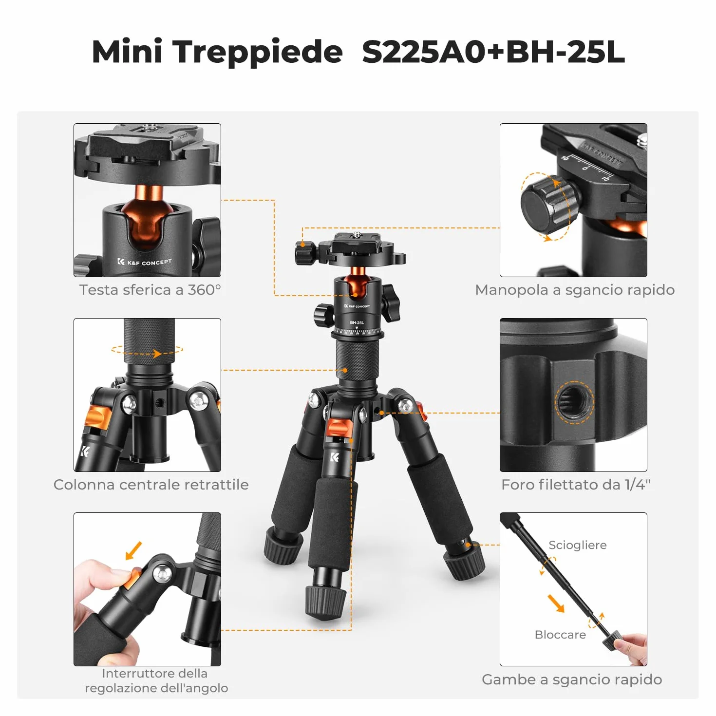 K&F CONCEPT Mini treppiede da tavolo portatile, Treppiede compatto per fotocamera e smartphone in alluminio da 52 cm con testa a sfera a 360°, Piastra rapida da 1/4" per DSLR ecc, capacità di 6 kg