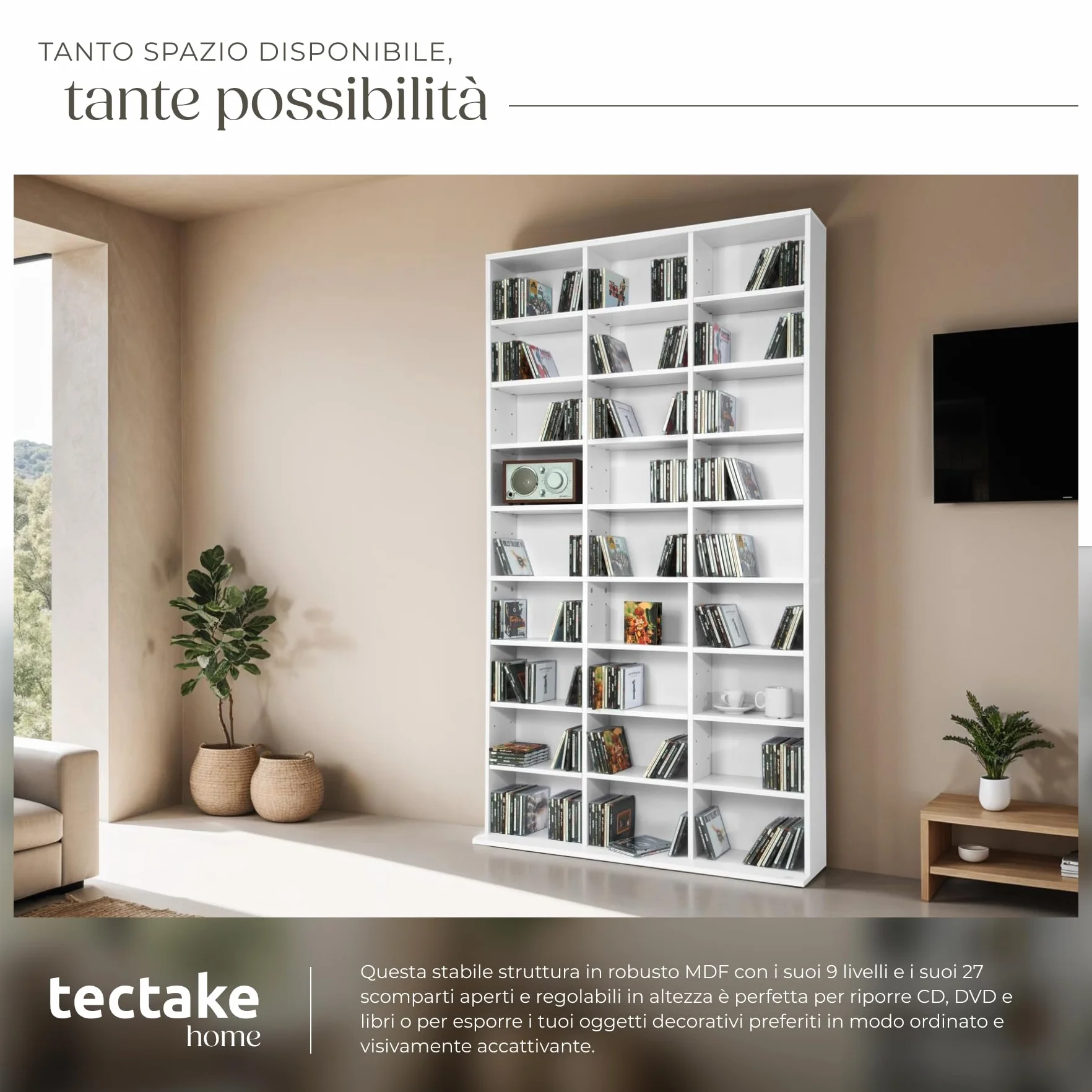tectake® Scaffale Porta CD DVD Archiviazione 1080 CD, Supporto di Archiviazione, 27 Piani, Facile da Montare, Materiale MDF con Rivestimento Plastico, Dimensioni 180x102x23,5 cm, Peso 34 kg - Bianco