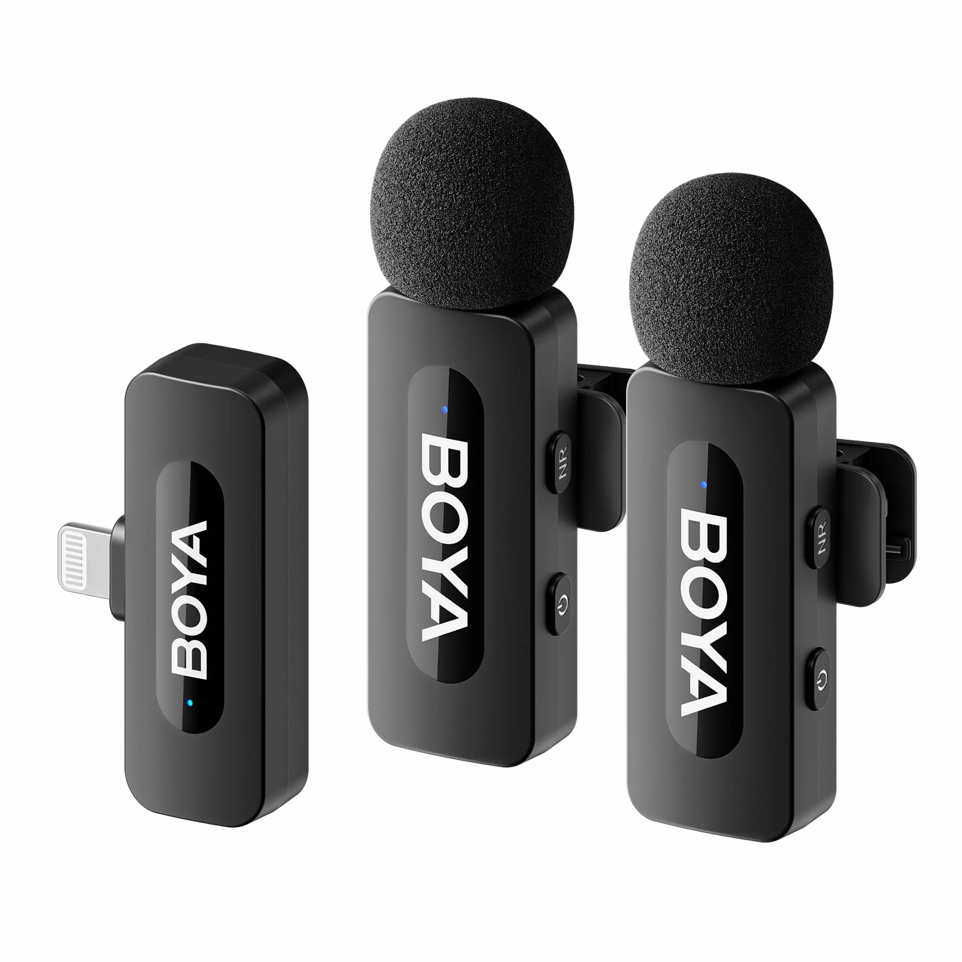 BOYA BY-V2 Mini Microfono lavalier wireless (2TX+1RX) per iPhone, riduzione del rumore, doppio microfono a bavero per registrazioni su YouTube, Podcast, Facebook, Tiktok Vlogging