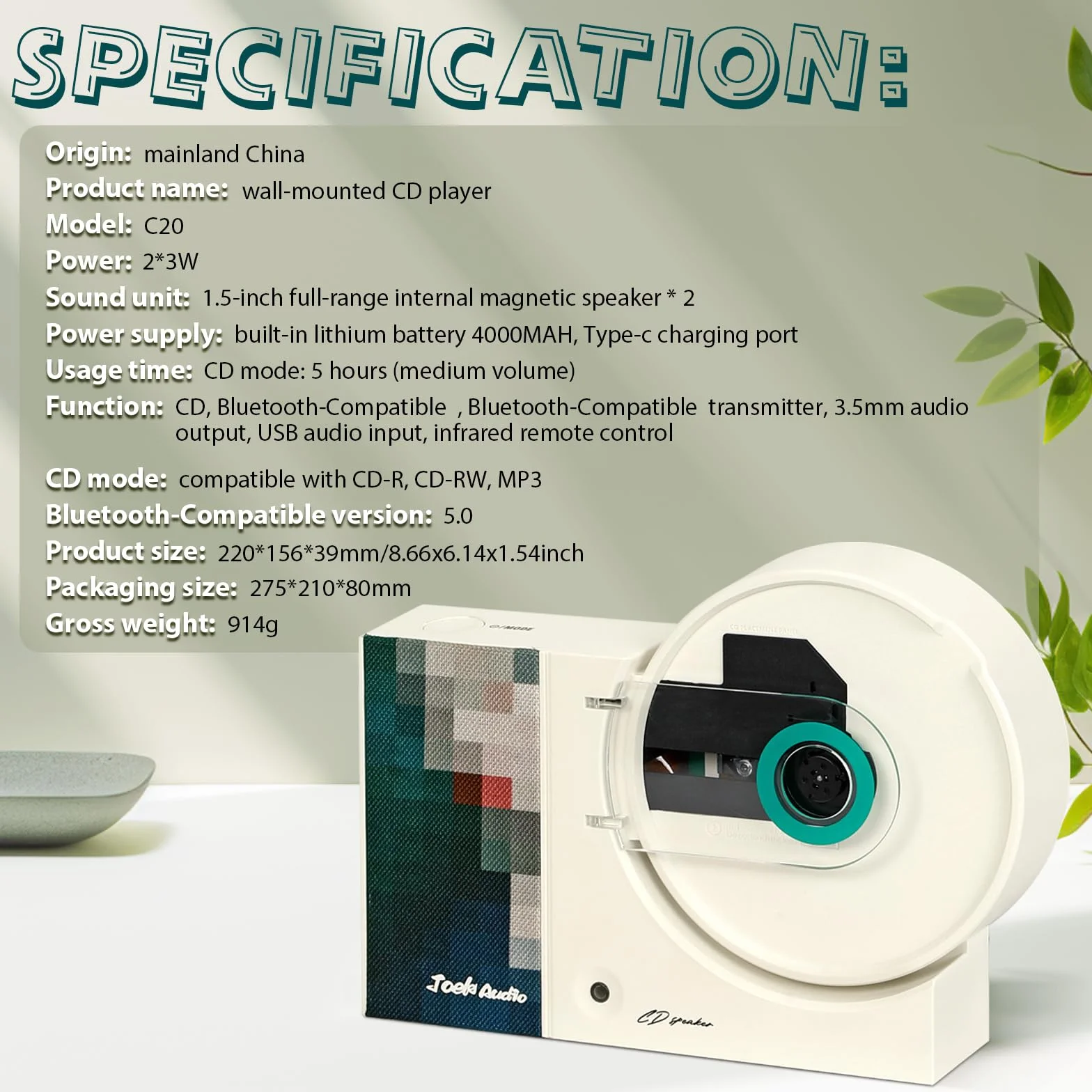 Lettore CD Retrò Montabile a Parete con Bluetooth, USB, Ingresso AUX, Altoparlante Audio per la Casa, 4000mAh, con Telecomando per Decorazione Domestica (VERDE)