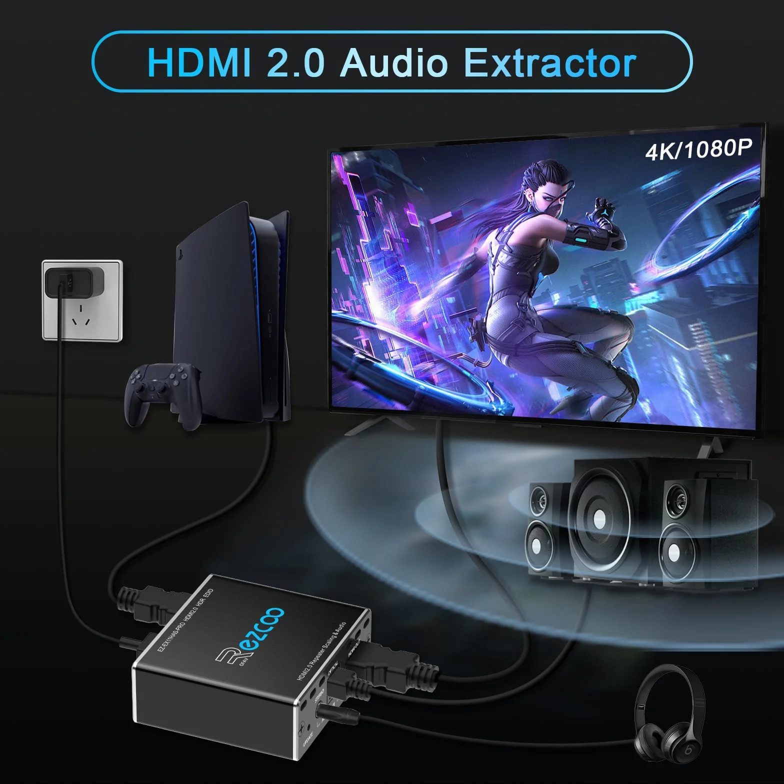 Estrattore audio HDMI 4K 60Hz 1080P 120Hz PS5 HDCP 2.2 CEC D-olby Vision HDR, decadimento SPDIF ottico 5.1CH+3,5mm stereo L/R Audio Breakout, decoder audio Dolby Digital Audio, gestione EDID