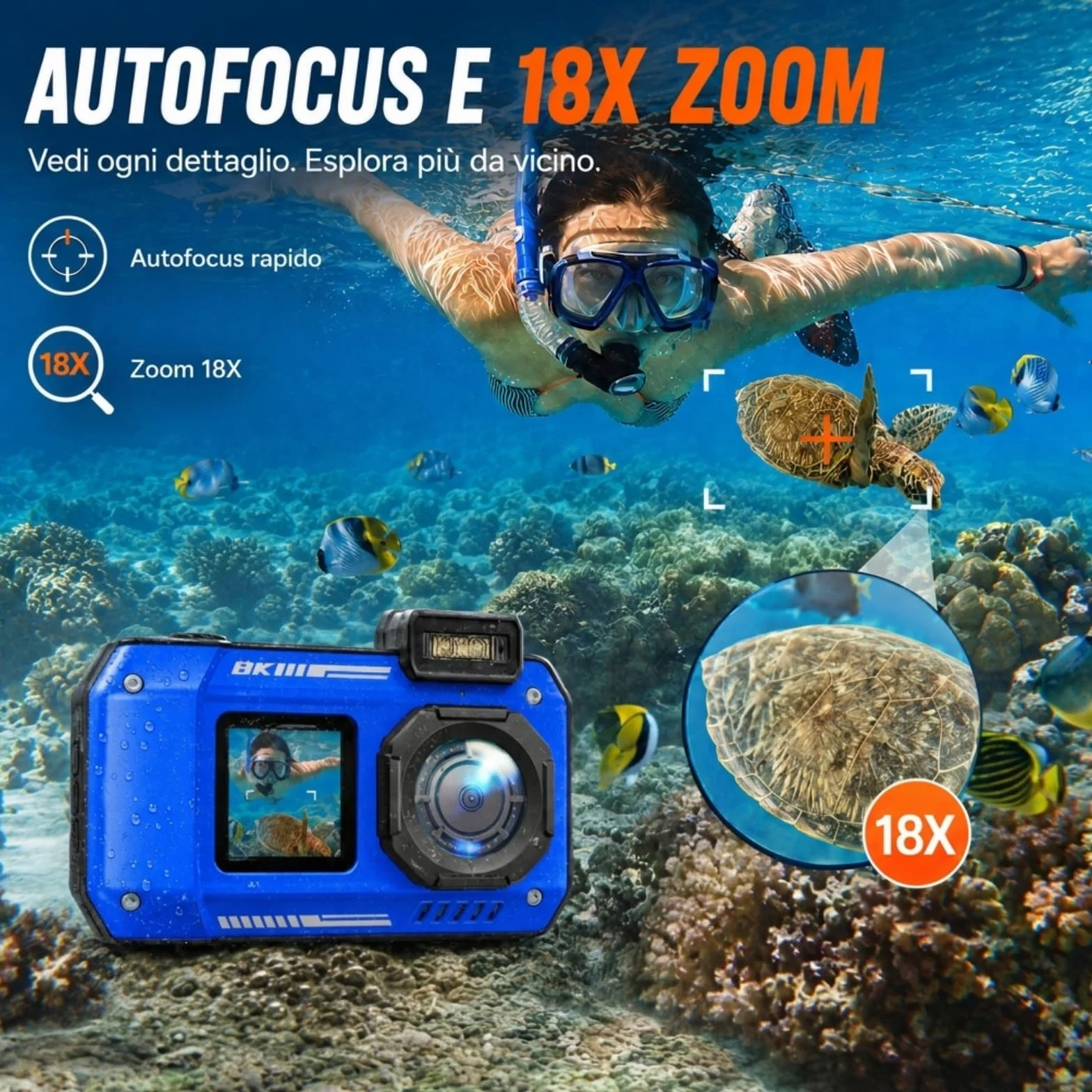 MaxMango D50 33FT Macchina Fotografica Subacquea Impermeabile, 8K 70MP Fotocamera Digitale con 16 GB di Scheda, Doppio Schermo 2.8'' per Selfie, 18x Zoom, Resistente a Polvere e Urti per Snorkeling