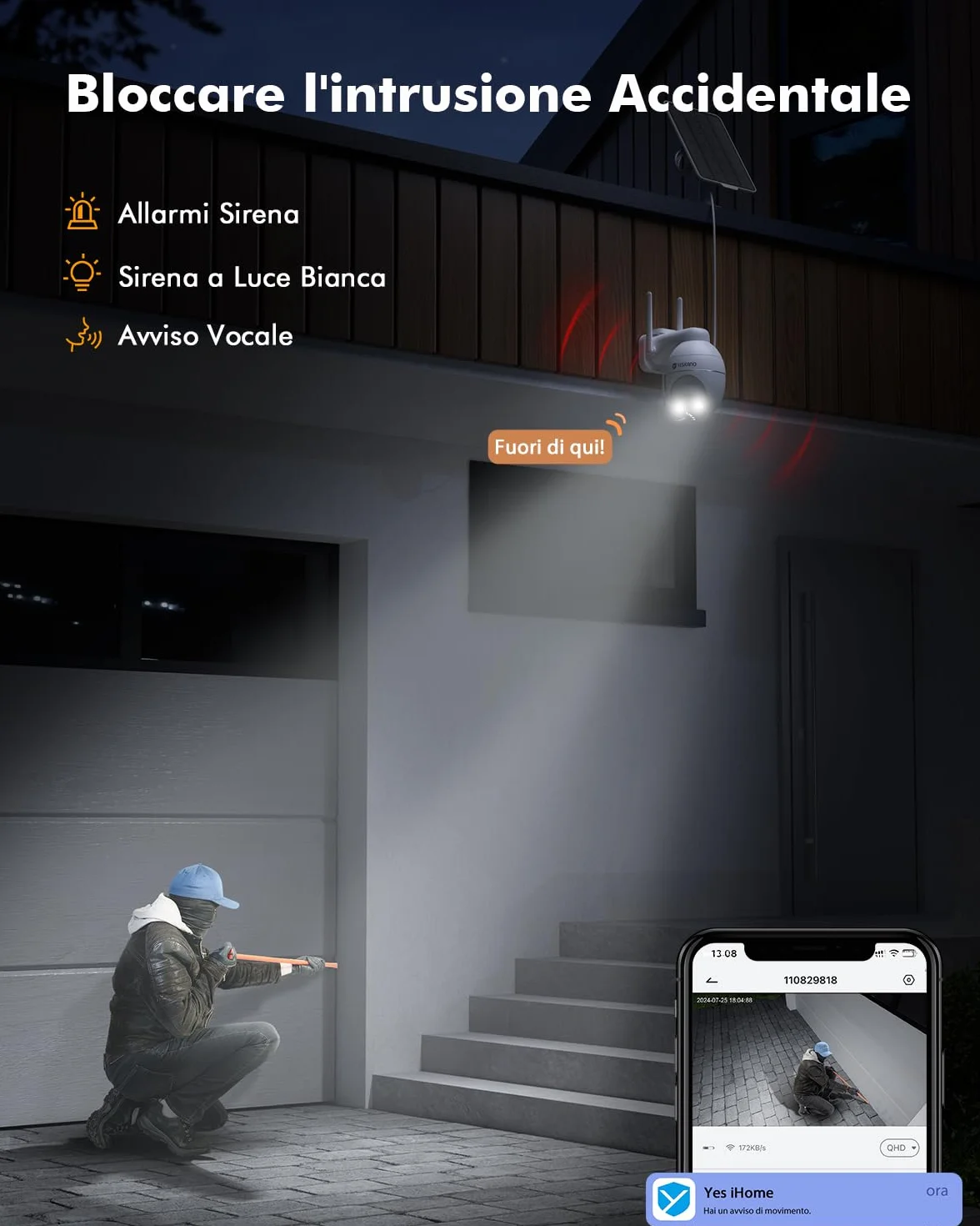 YESKANO 2K Telecamera Wi-Fi Esterno Senza Fili Con Pannello Solare, 360° PTZ Videocamera Sorveglianza A Batteria, Visione Notturna A Colori, Rilevamento Umano/PIR con Allarme, 2 Vie Audio, 2.4GHz,IP66
