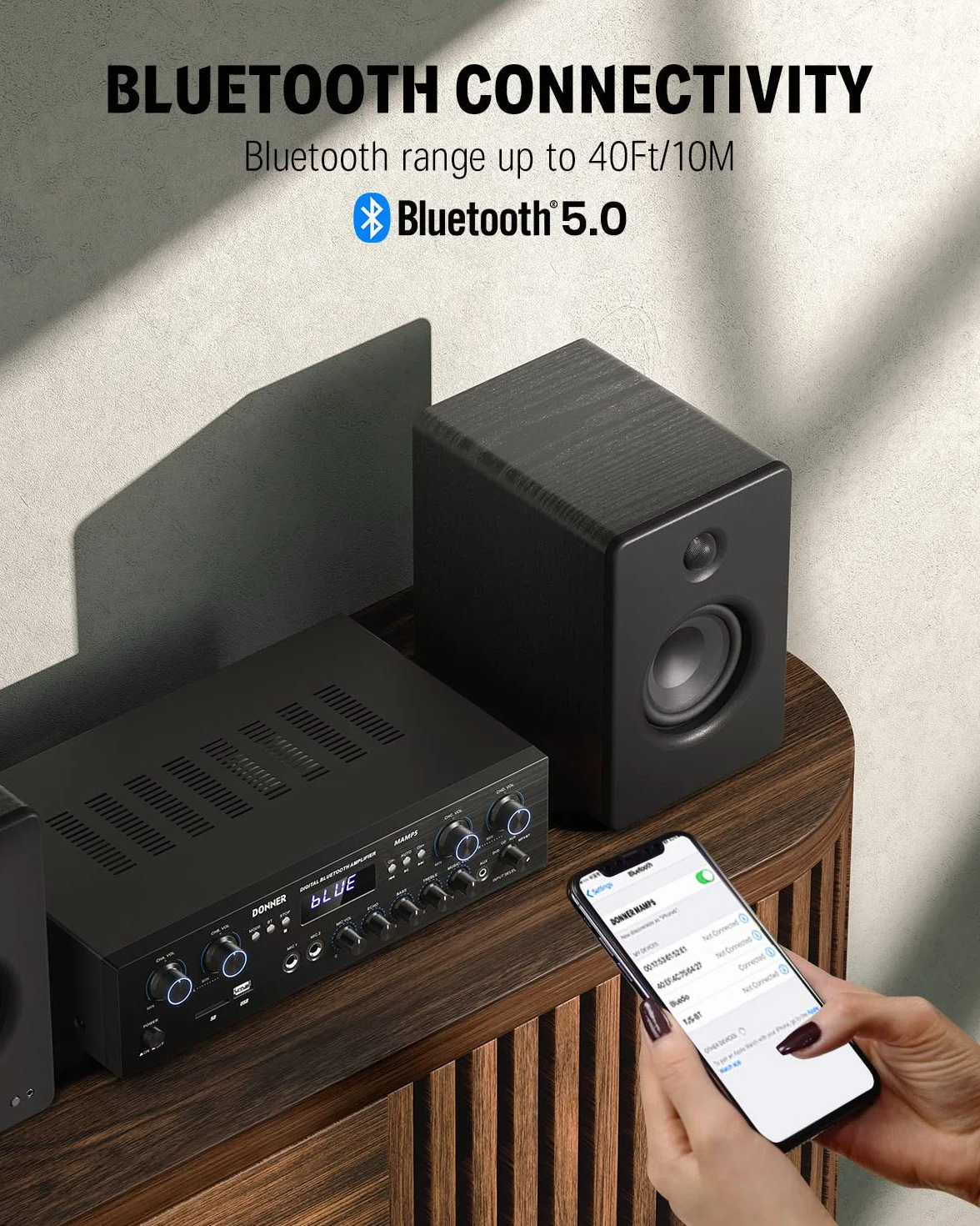 Donner MAMP5 Amplificatore Audio Bluetooth 5.0 Stereo 4 Canali HiFi 440W con USB SD FM 2 Microfono IN Echo RCA LED