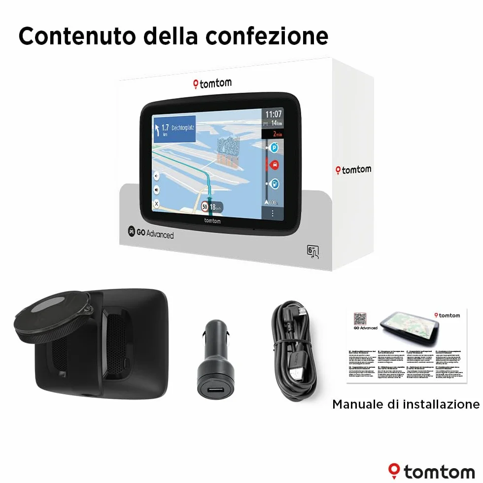 TomTom Navigatore per Auto GO Advanced (6", Info traffico e Avvisi autovelox, mappe mondo, Aggiornamenti Wi-Fi, Indicatore corsia in movimento, Segnali visivi, Supporto reversibile integrato)