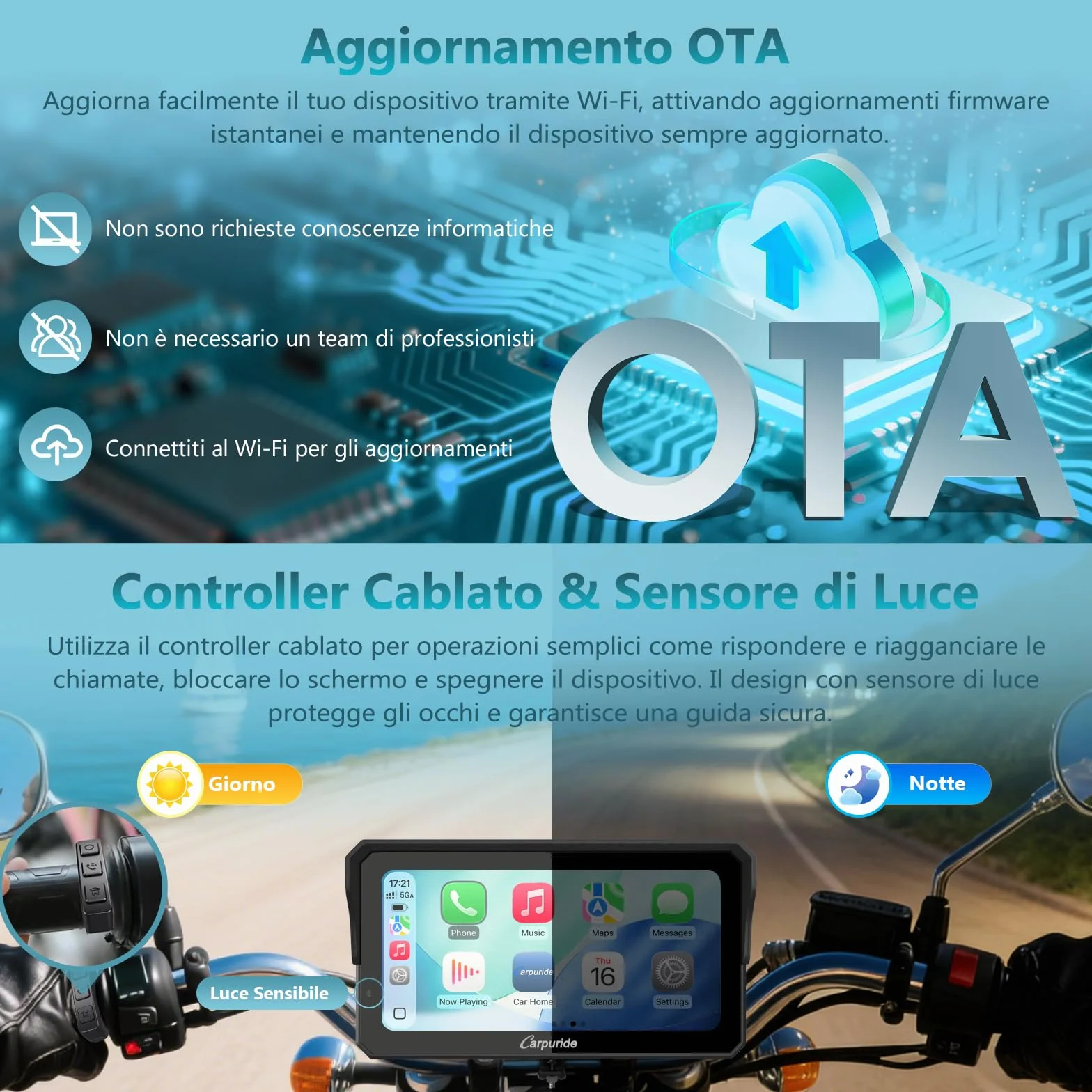 Carpuride W602S Pro Moto Carplay Schermo con BM05 per Plug-and-Play, Senza Fili CarPlay e Android Auto, 6,25" Impermeabile Touchscreen, OTA, Doppio Bluetooth, Interfono Funzione, Cablato Controller.