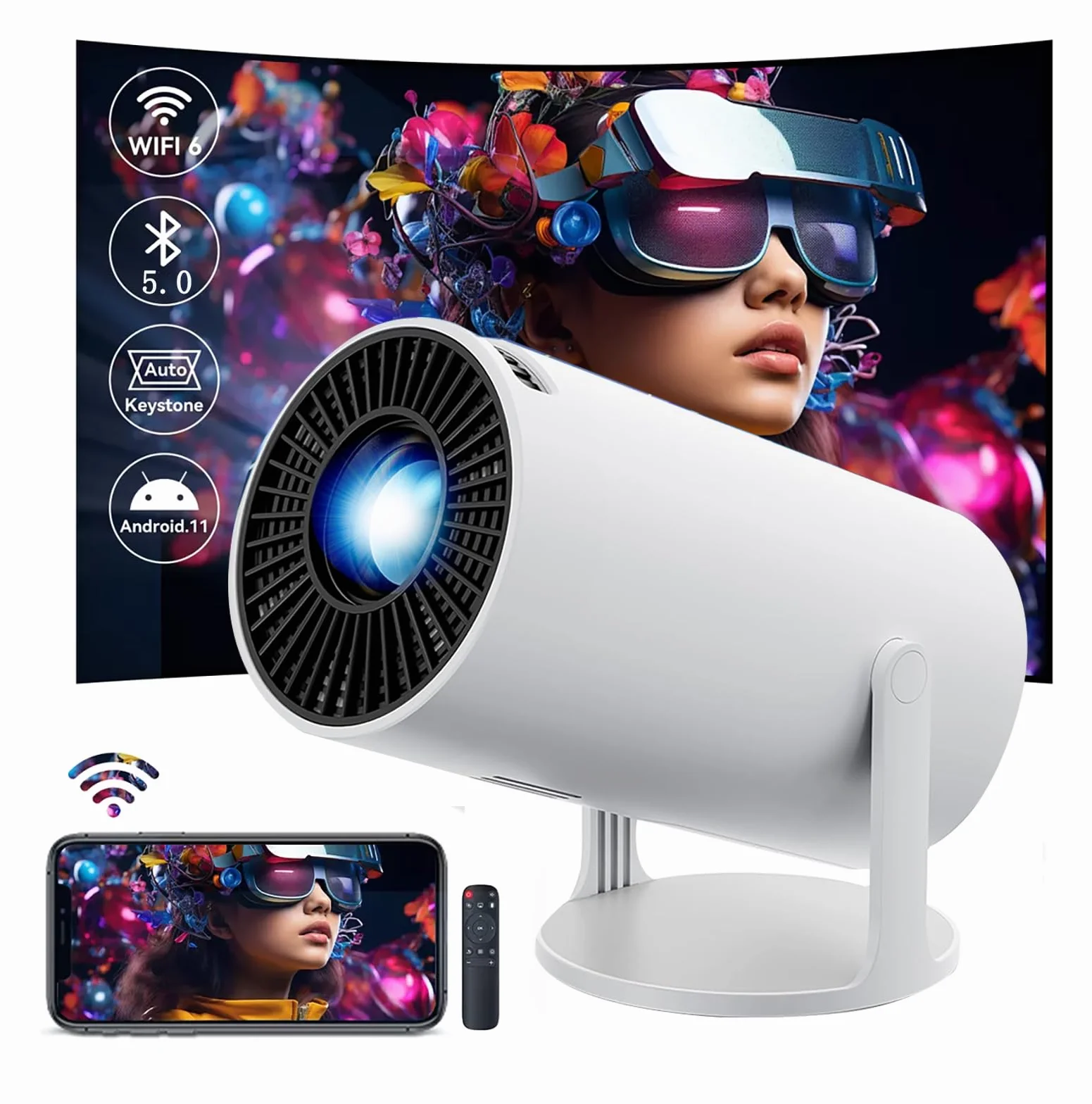 Proiettore Portatile Mini Proiettore 4K 1080P Full HD WiFi6 BT5.2 Videoproiettore Ruotabile 180° Proiettore Video Auto Orizzontale Trapezoid Correction Smart Projector per Phone HDMI USB