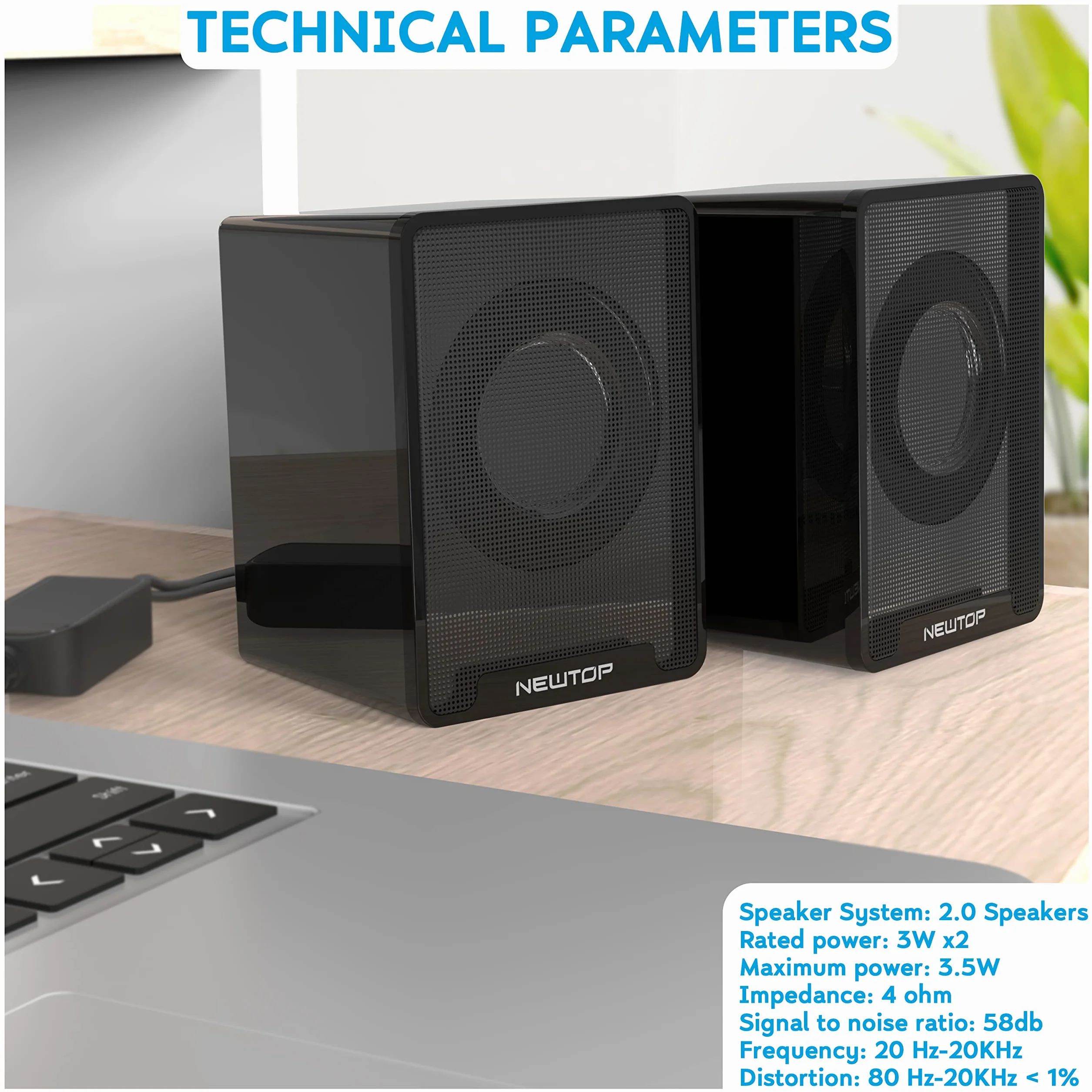 N NEWTOP Mini Casse PCS01 Stereo 2.0 Speaker Set Altoparlanti Alimentazione USB Ingresso Connettore Audio Jack 3.5mm Portatile Suono 360° per PC Fisso Desktop Laptop Notebook TV (Nere)
