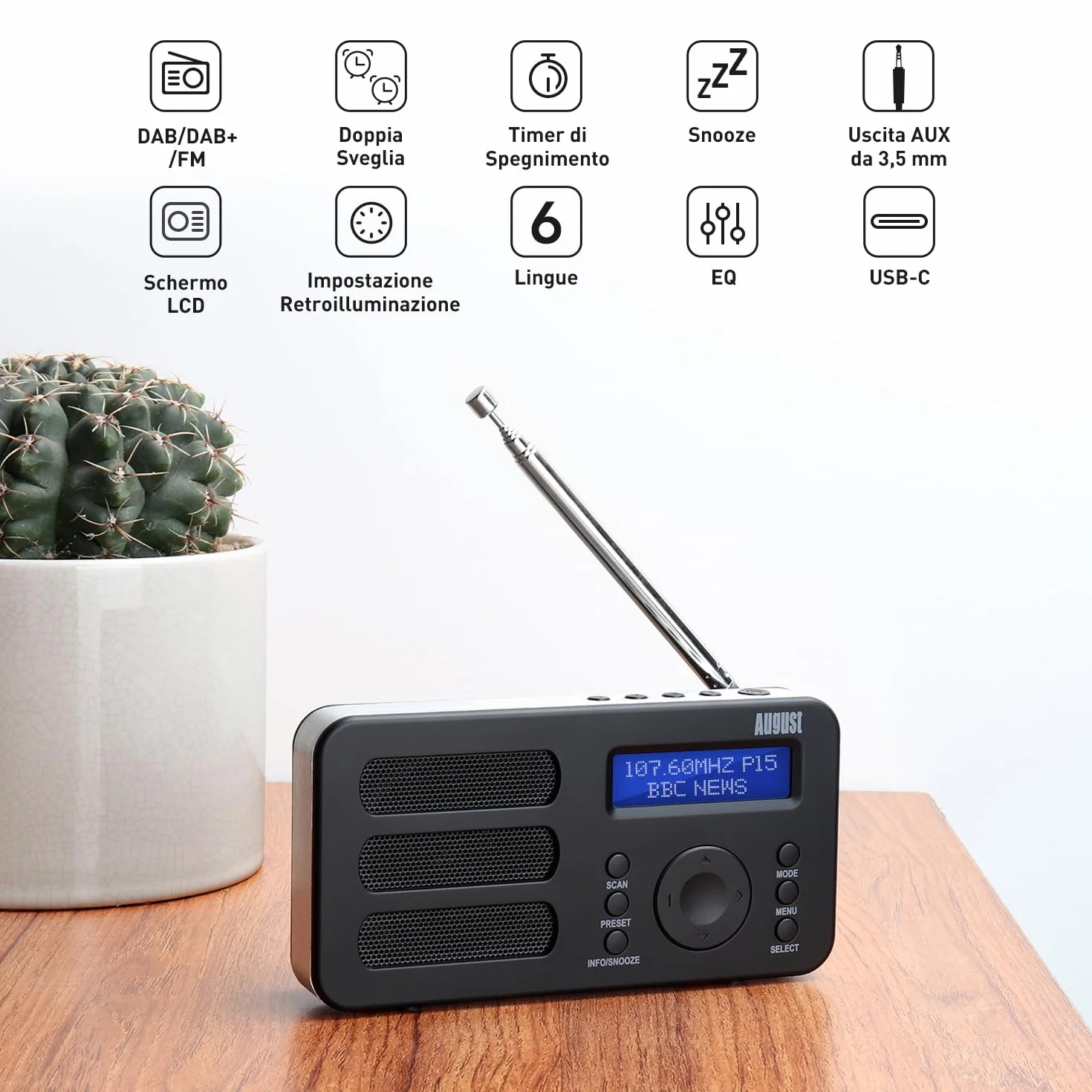 August MB225 Radio Portatile DAB DAB+ FM, Radio Digitale a Batteria con Dual Radiosveglia, Radiolina Portatile Ricaricabile con 40 Preselezioni, RDS, 20 Ore, Stereo/Mono, Presa per Cuffie - Nero