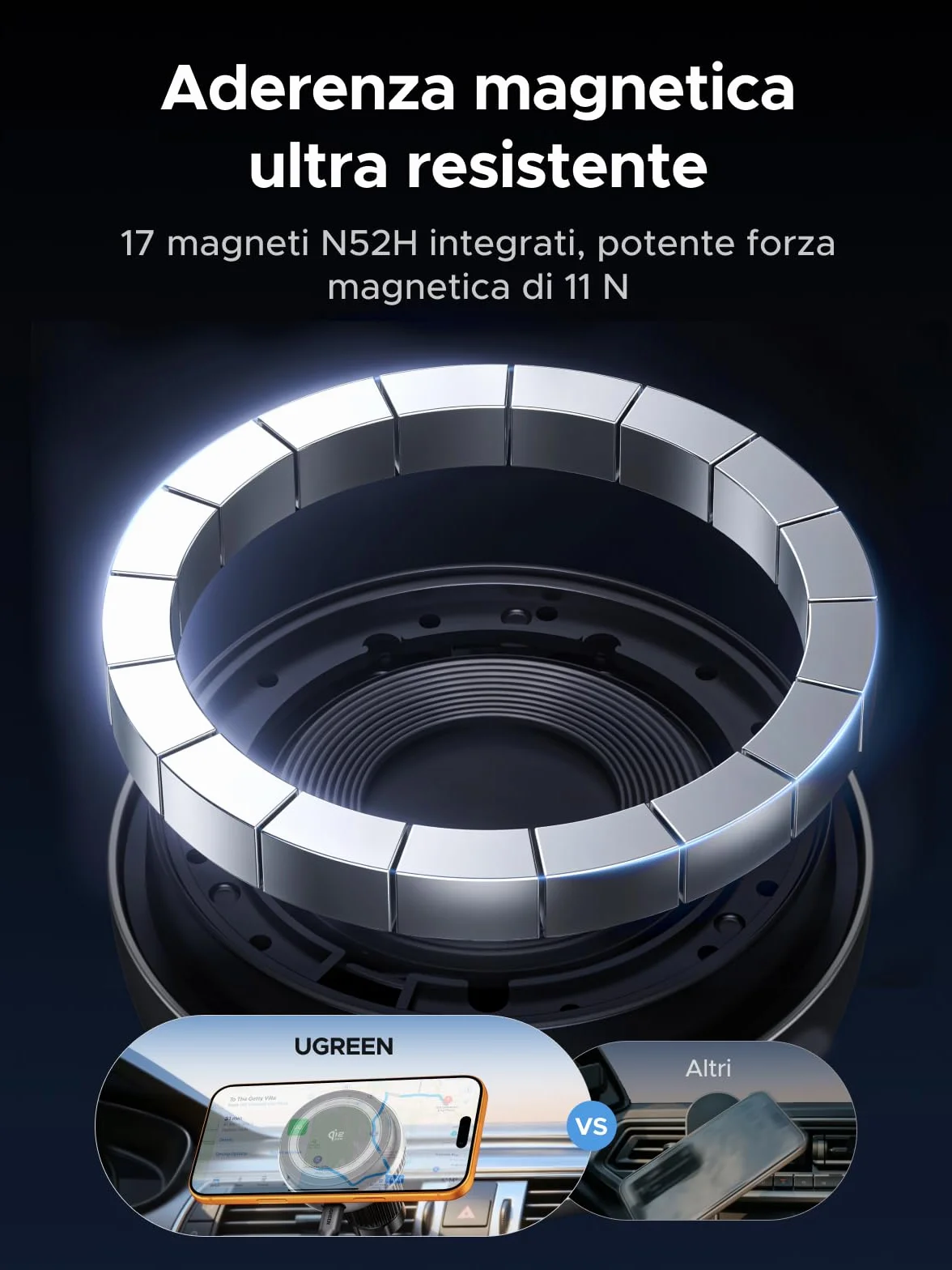 UGREEN MagFlow Pro Qi2 25W MagSafe Wireless Caricabatterie per Auto Compatibile con iPhone 17 16 15 14 13 12 Pro Max Air Plus, Raffreddamento TEC con Ventola Integrata, Montaggio su Bocchetta