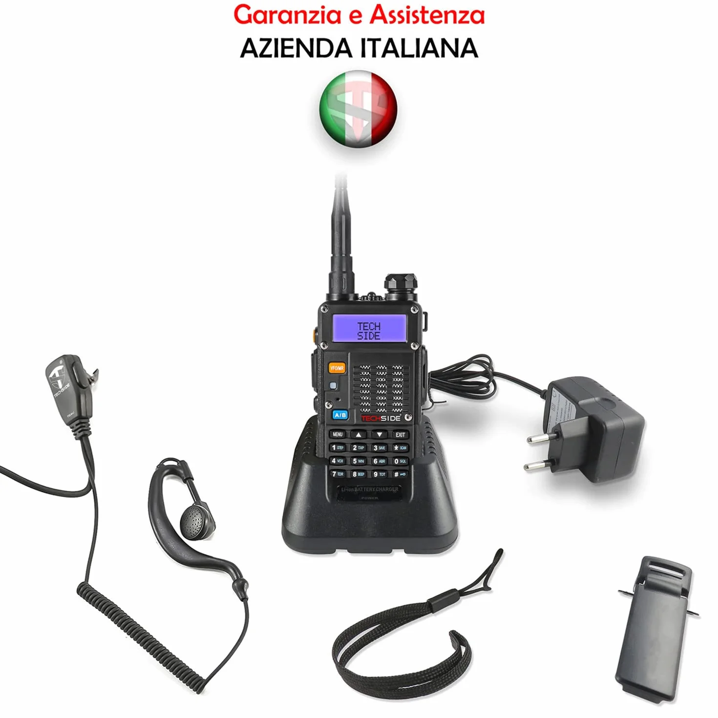 TECHSIDE MOD. POTENTE 8W | Tri-Power | Radio TS-T9+ Dual Band Vhf/Uhf | COMPATIBILE BAOFENG canali PREINSTALLATI MIDLAND G7 Pro G9 TI-F8+ PMR446 LPD SoftAir Vigilanza