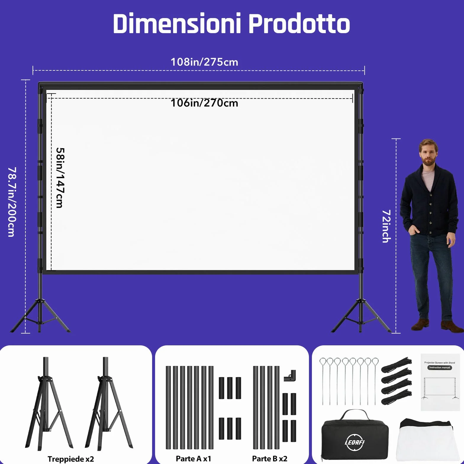 Schermo Proiezione Portatile 120 Pollici con Treppiede – LEORFI per Interno ed Esterno, Telo Proiezione 4K HD 16:9 Frontale/Retroproiezione, Leggero con Borsa Trasporto e Accessori di Fissaggio