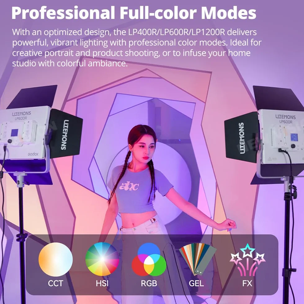 Godox Pacchetto di 2 Litemons LP600R RGB LED Light Panel Kit con Tripod/Carry Bag, App Control, 60 W Photo Studio Lighting, 1800 K - 10000 K, 14 modalità FX, rotazione a 360° (LP600R K2)