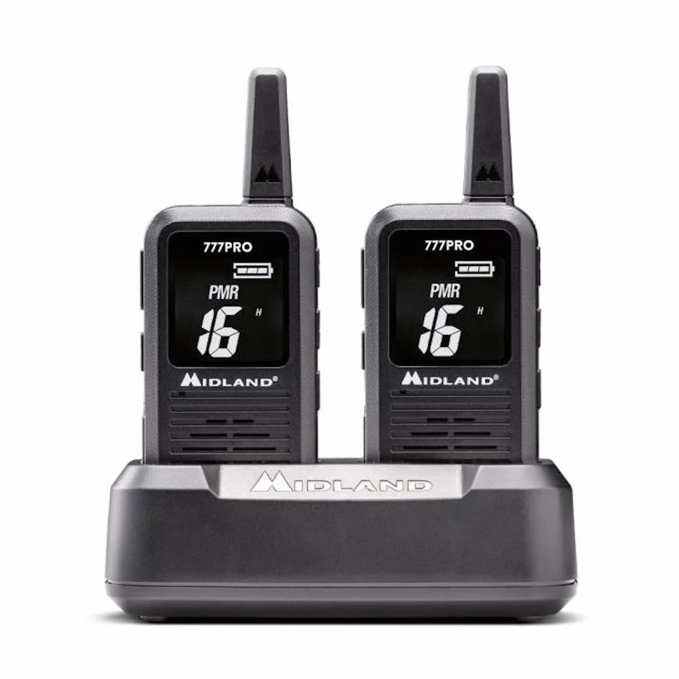 Midland - Walkie Talkie 777 Pro, 2 Ricetrasmittenti Professionali per Security, 85 Canali - 16 PMR446/69 LPD, 38 CTCSS e 104 DCS, Autonomia 14H, Copertura 6Km, Display Digitale, Batterie Ricaricabili